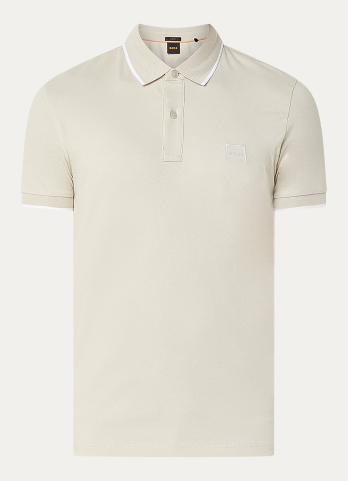 BOSS Passertip slim fit polo van piqué katoen met logo - voorkant 2 zand