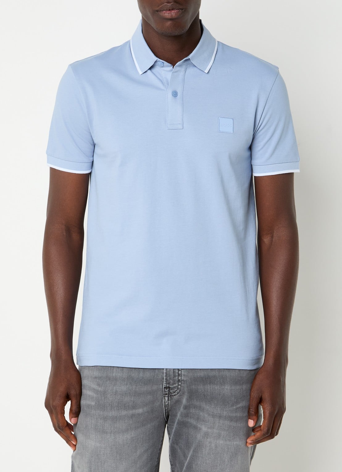 BOSS Passertip slim fit polo van piqué katoen met logo - detail 4 lichtblauw