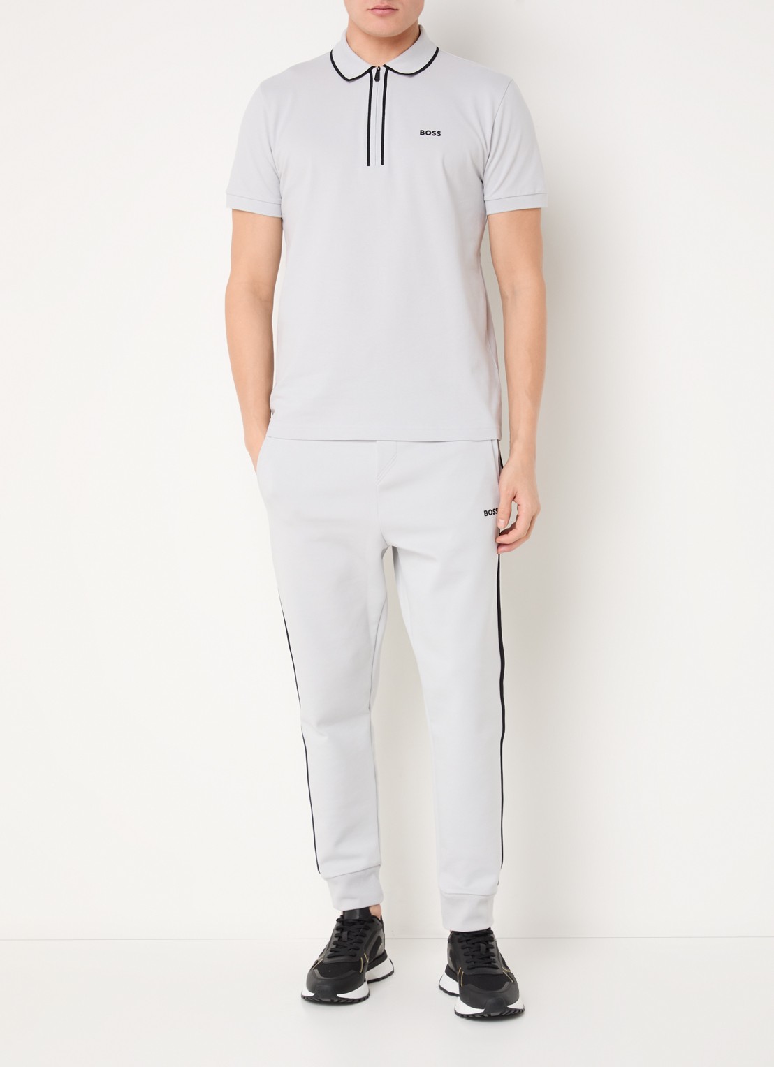 BOSS Phillix Tape regular fit polo van piqué katoen met logo - voorkant 2 lichtgrijs