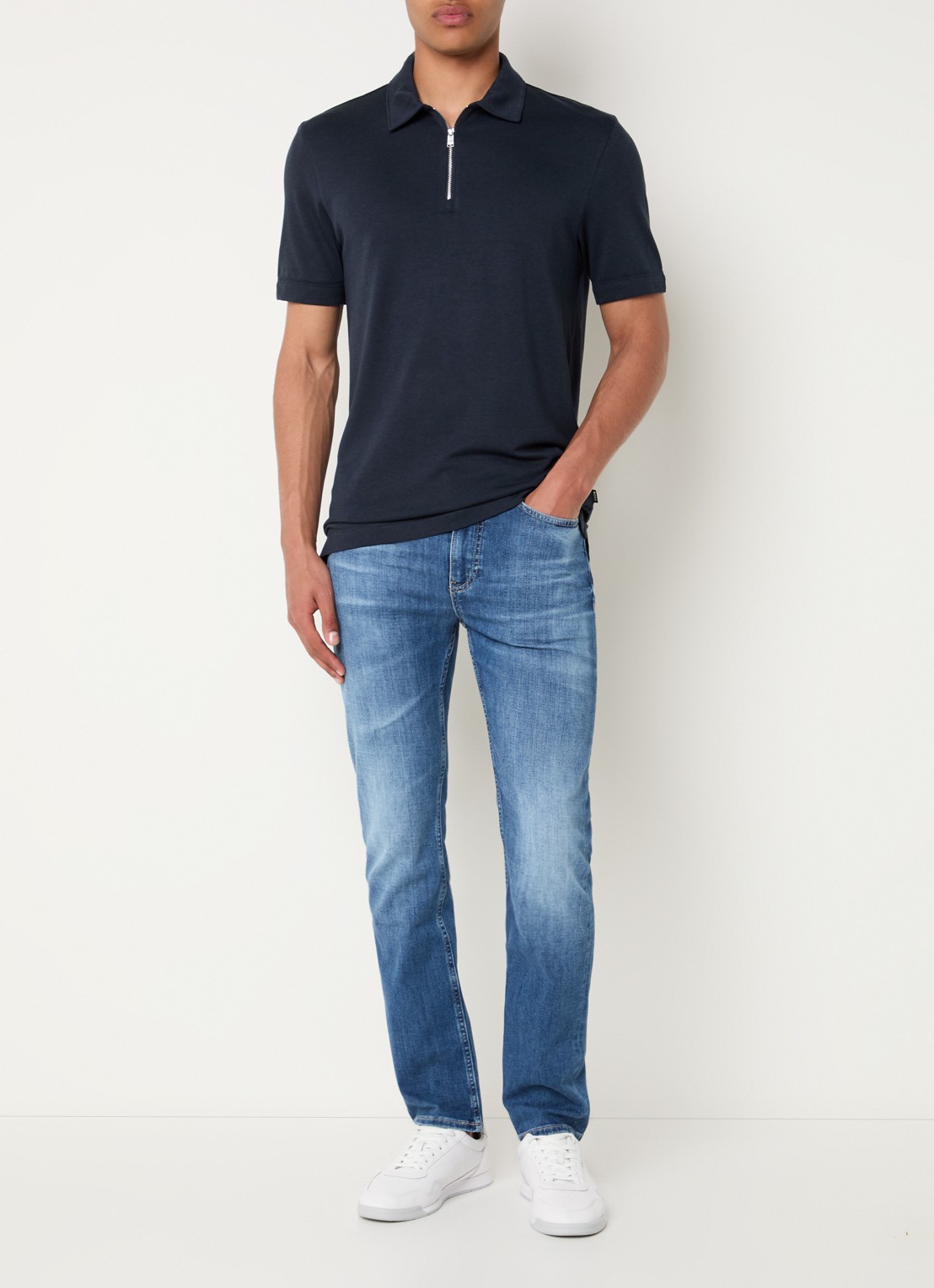 BOSS Polo met piquéstructuur en kraag met rits - voorkant 3 donkerblauw