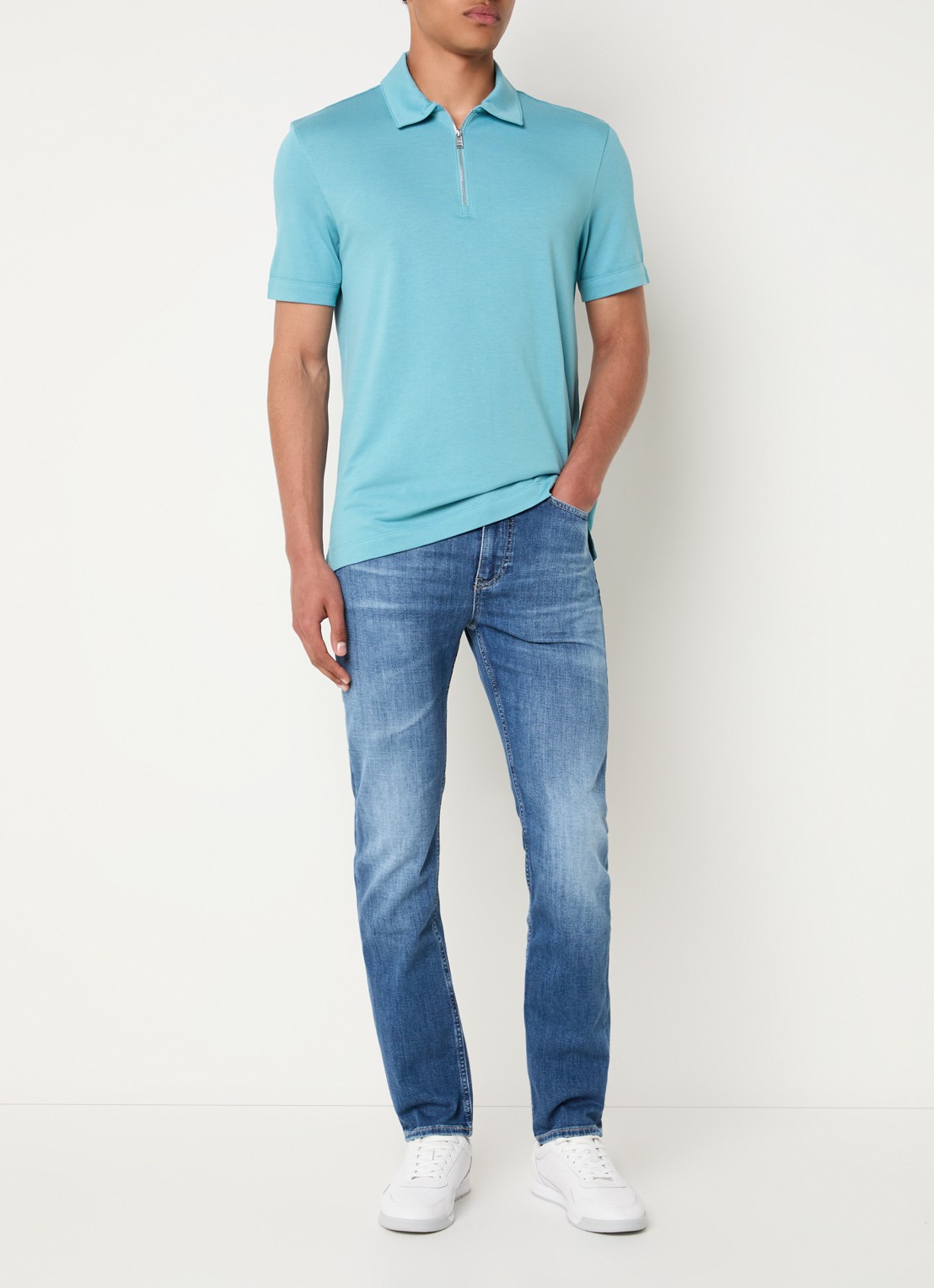 BOSS Polo met piquéstructuur en kraag met rits - voorkant 4 turquoise