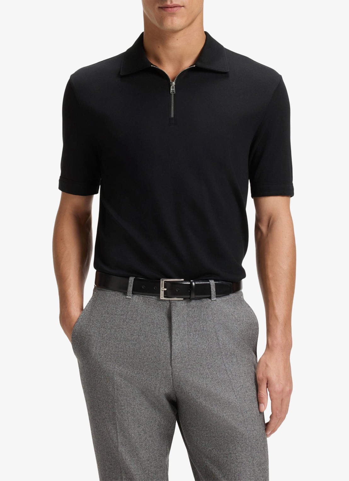 BOSS Polo met piquéstructuur en kraag met rits - detail 2 zwart