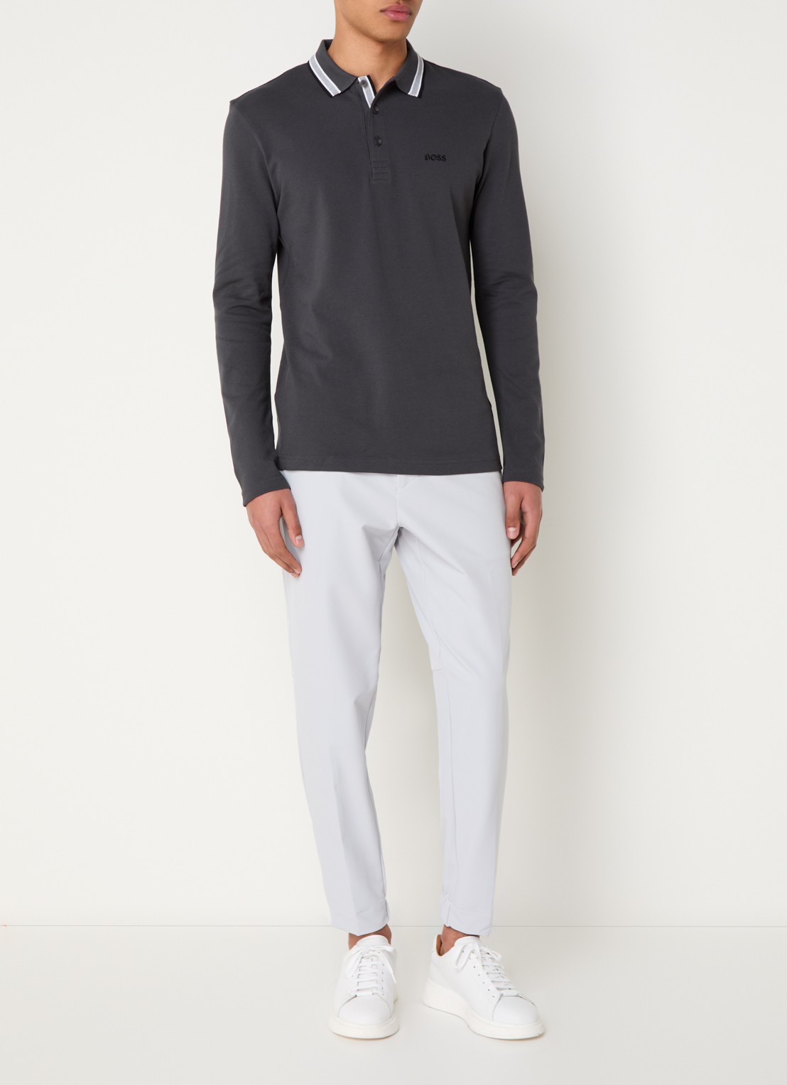 BOSS Polo van katoenpiqué met contrastlogo - voorkant 3 donkergrijs