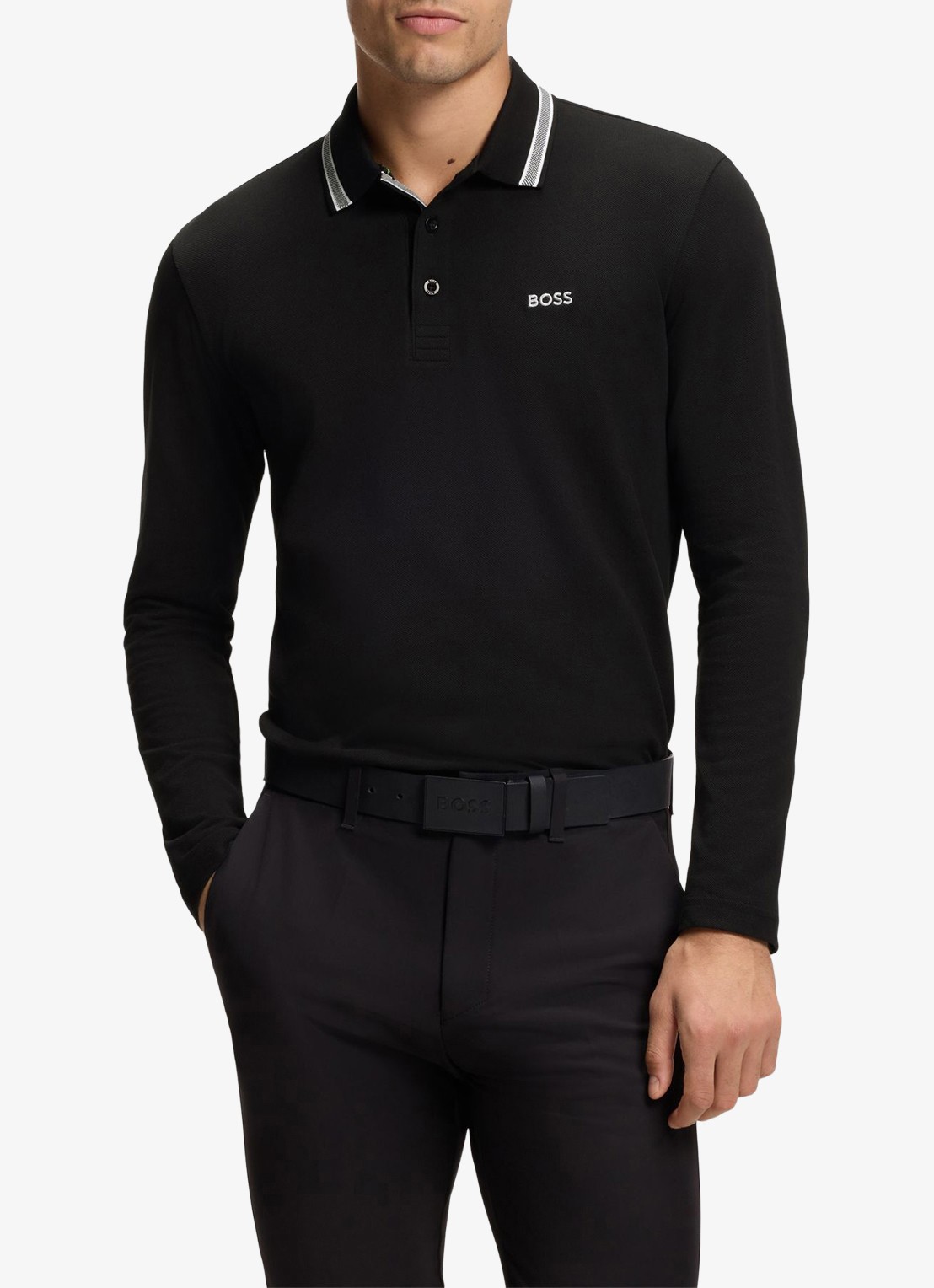 BOSS Polo van katoenpiqué met contrastlogo - detail 4 zwart