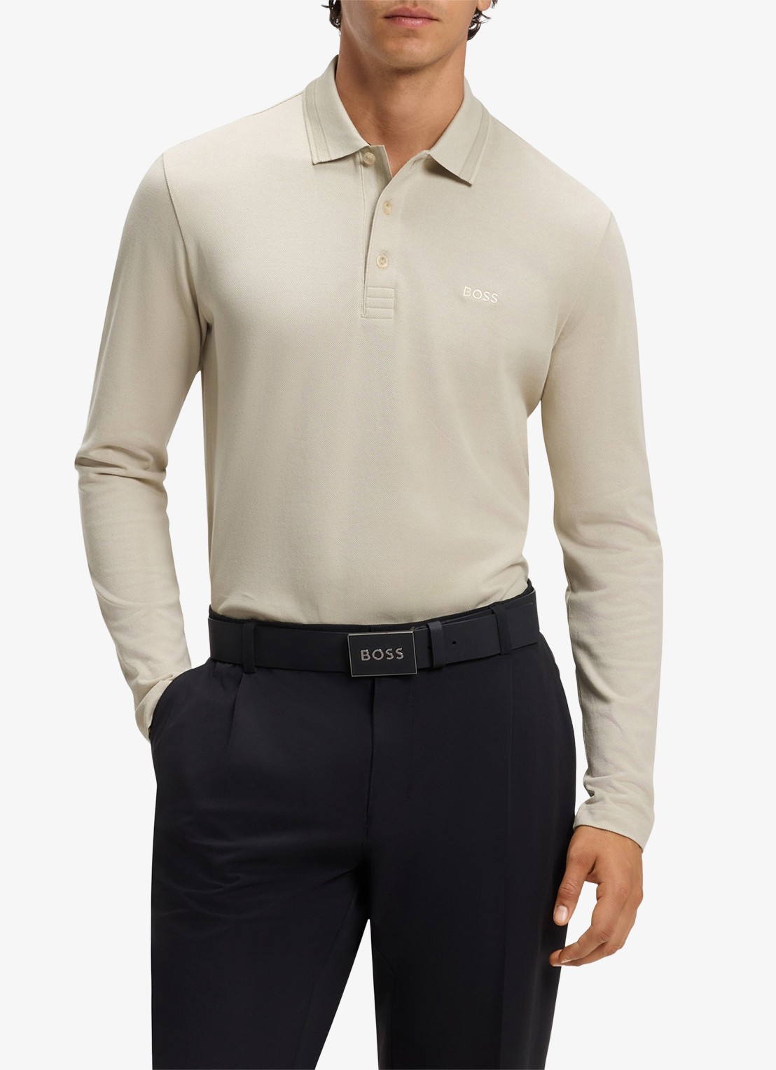 BOSS Polo van katoenpiqué met contrastlogo - detail 4 beige