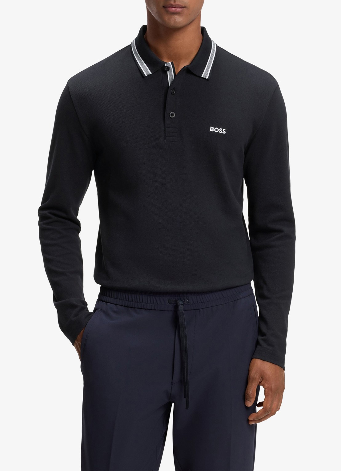 BOSS Polo van katoenpiqué met contrastlogo - detail blauw