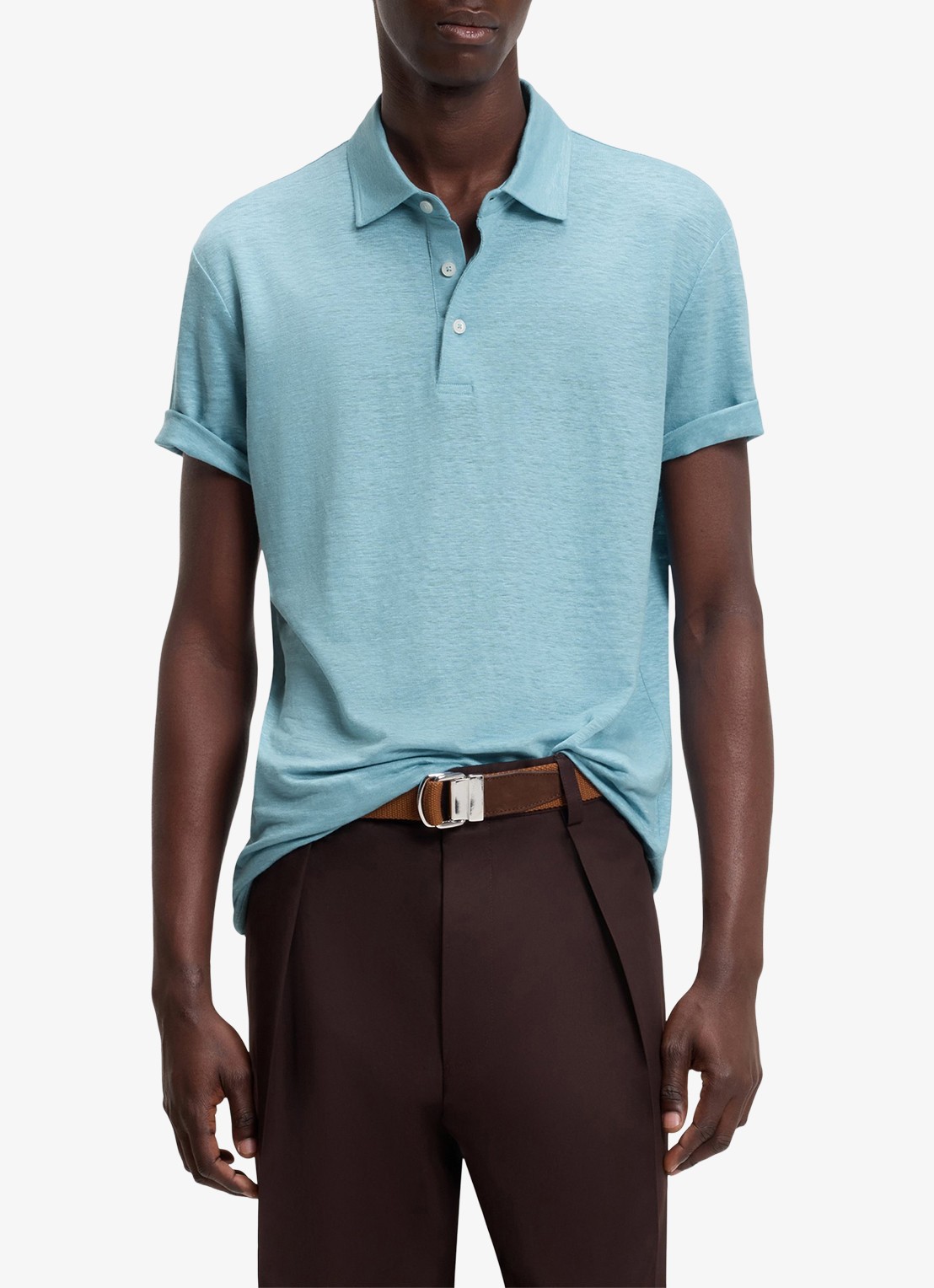 BOSS Polo van linnen  - detail 2 open blue-486 / blauw