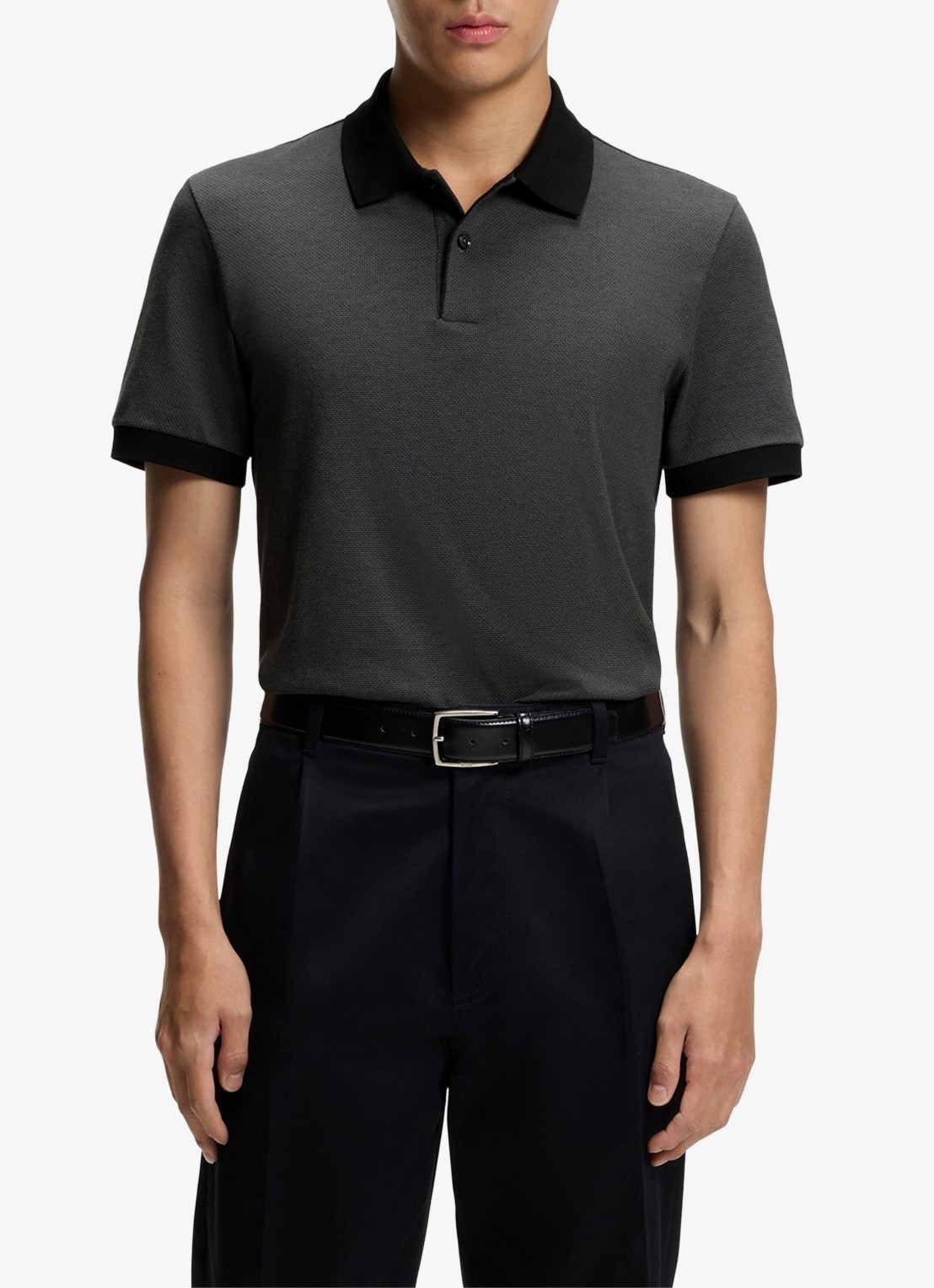 BOSS Poloshirt van katoen met bobbelstructuur - detail zwart