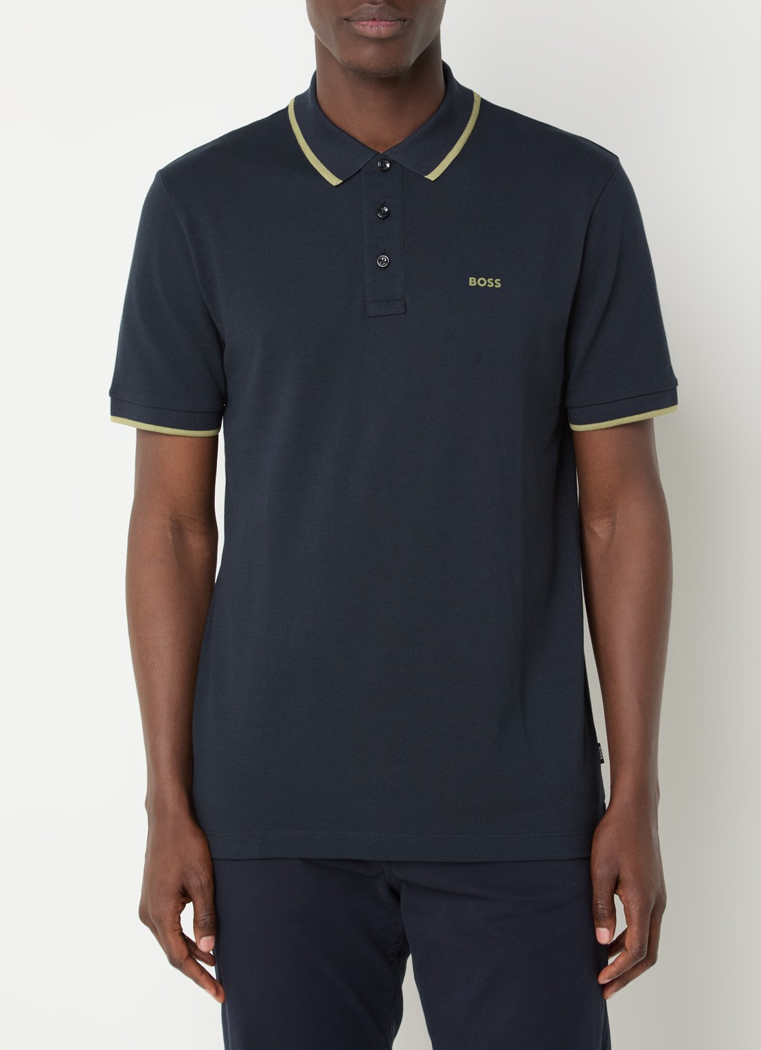 BOSS Poloshirt van katoenpiqué met contrasterende bies - detail 3 donkerblauw
