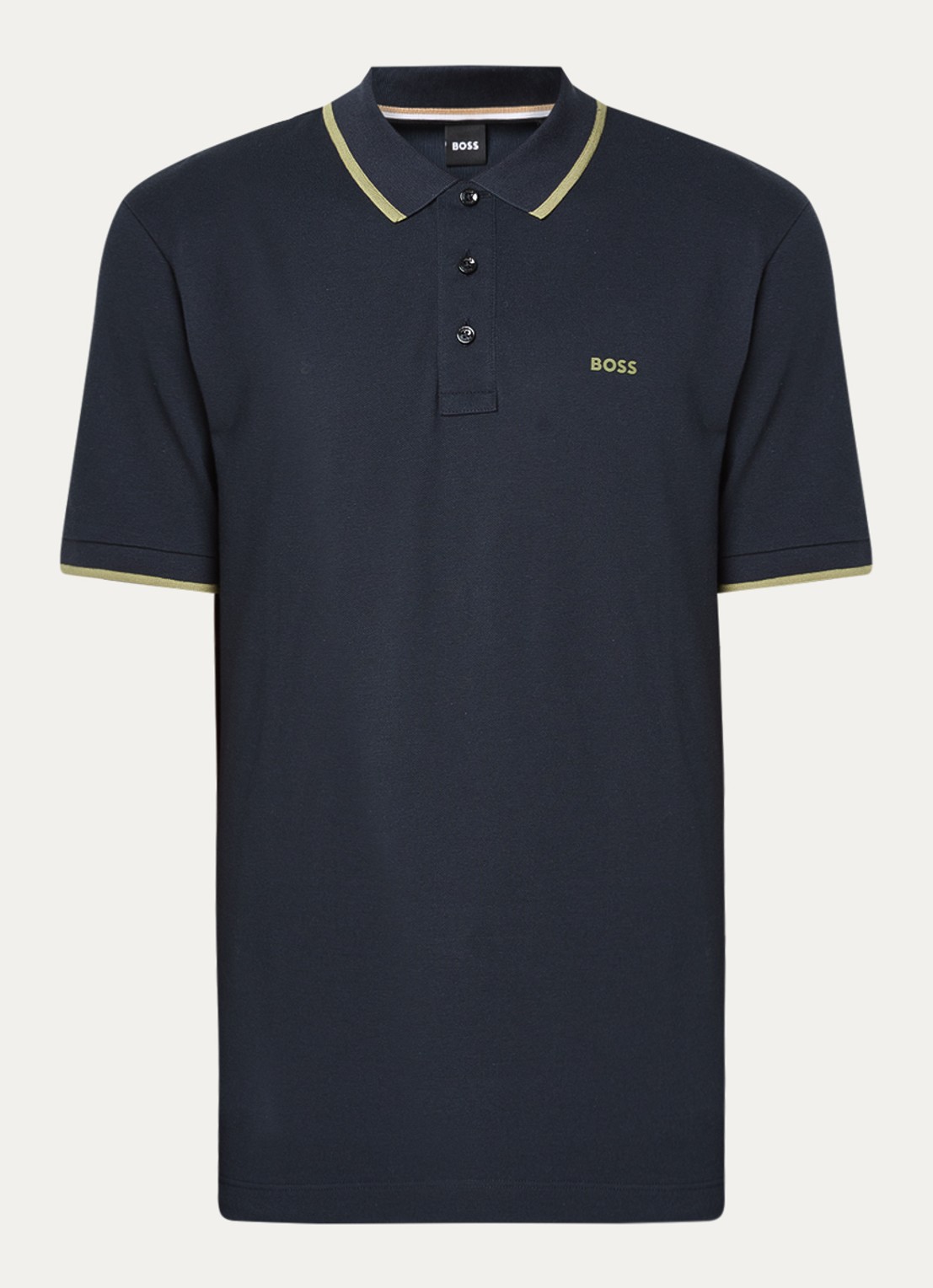 BOSS Poloshirt van katoenpiqué met contrasterende bies - voorkant donkerblauw
