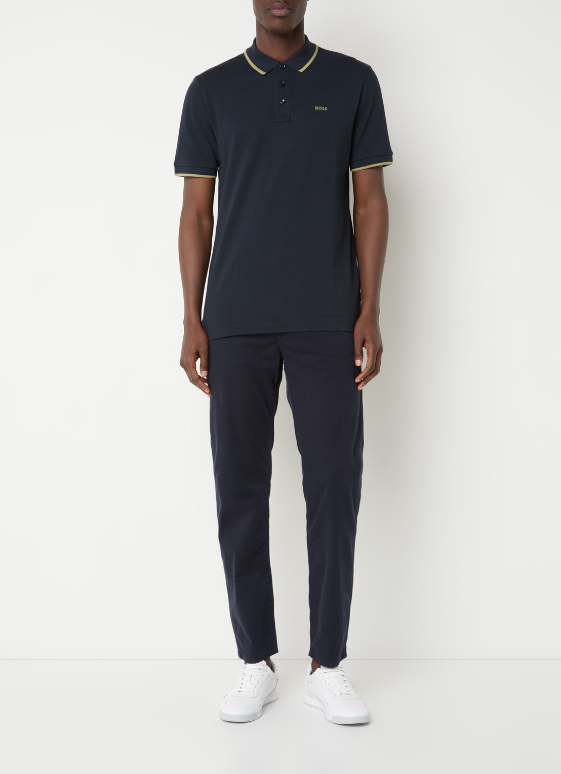 BOSS Poloshirt van katoenpiqué met contrasterende bies - voorkant 2 donkerblauw