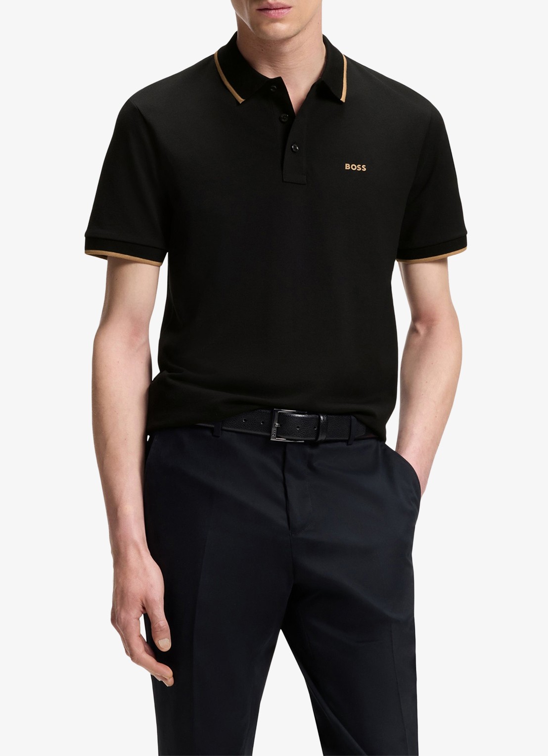 BOSS Poloshirt van katoenpiqué met contrasterende bies - detail 4 zwart