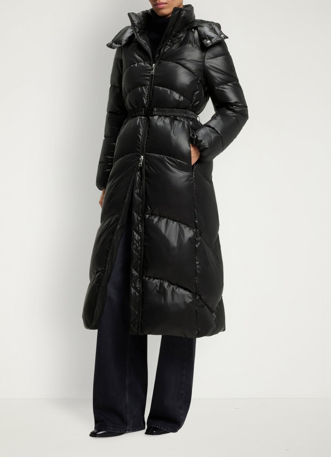 BOSS Puffer jas met ceintuur - detail zwart
