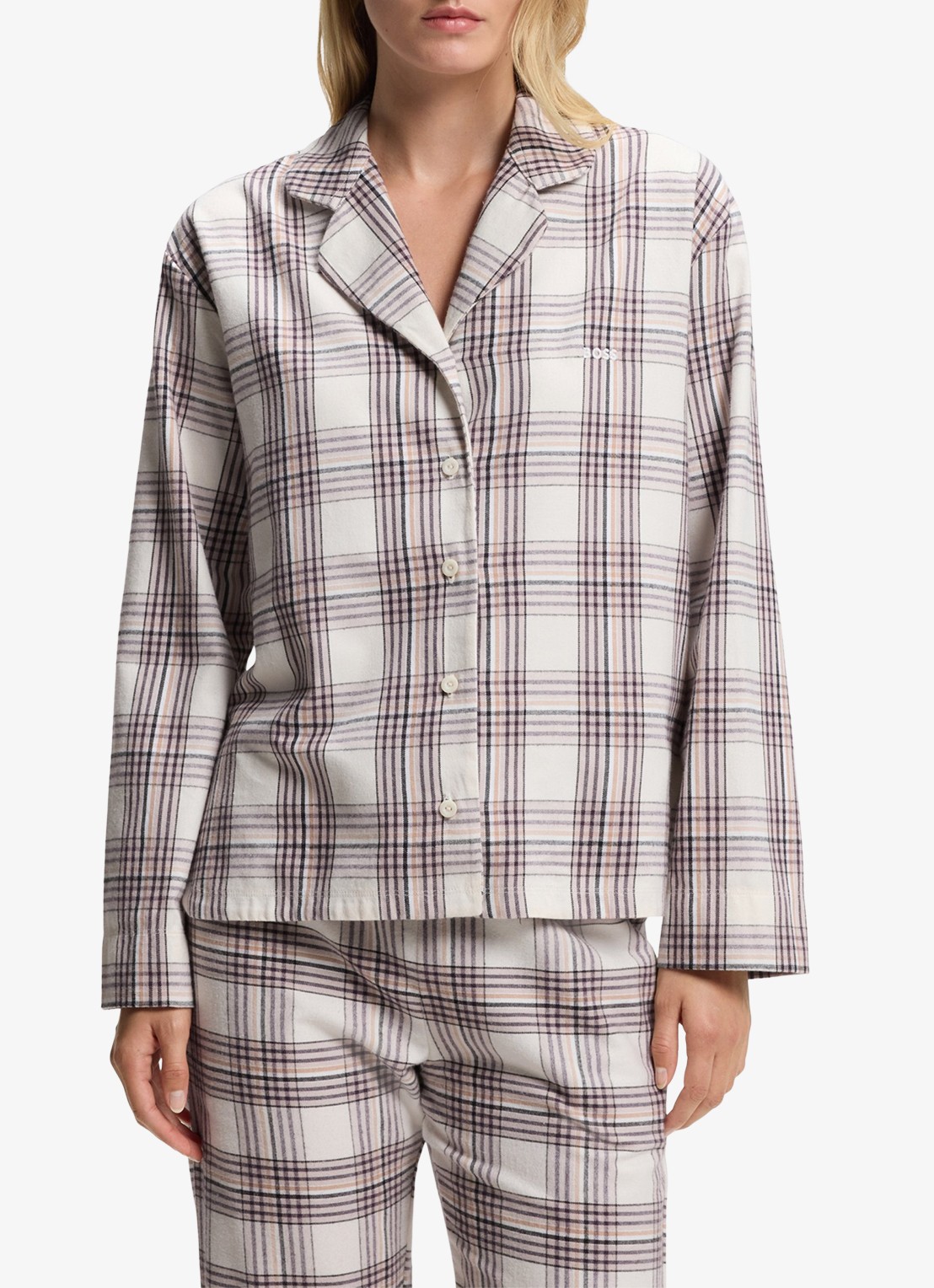 BOSS Pyjamashirt met ruitdessin - detail gebroken wit