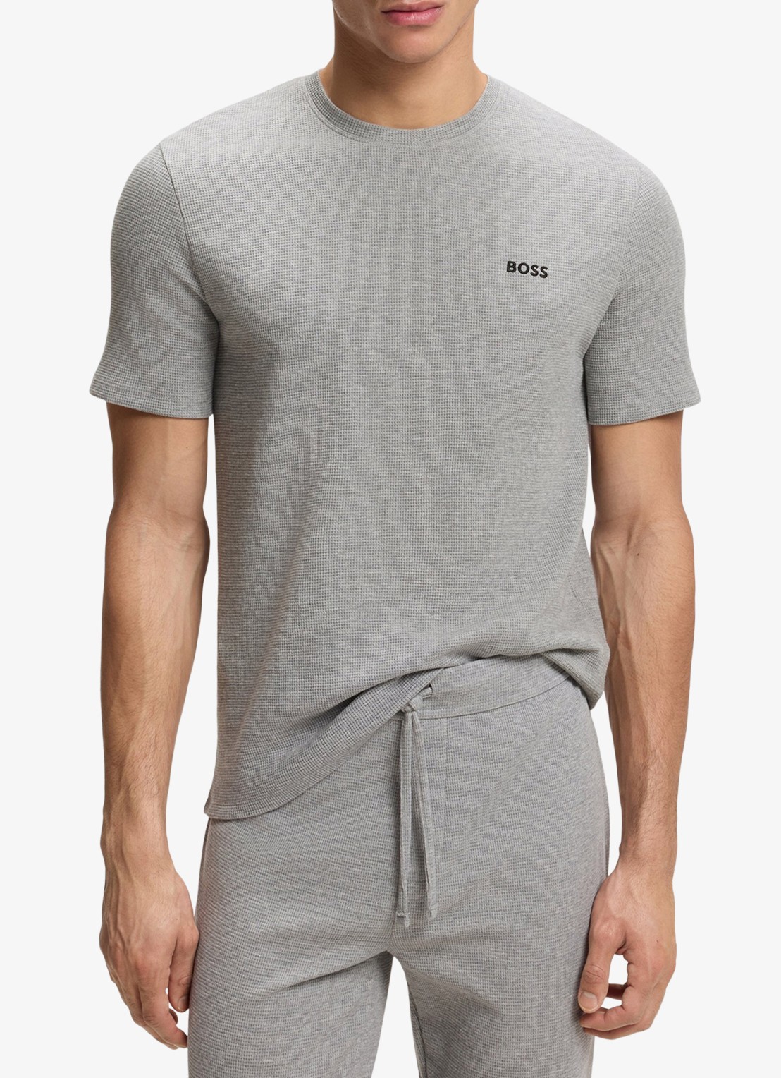 BOSS Pyjamashirt van een katoenmix met logostiksel - detail medium grey-033 / grijs