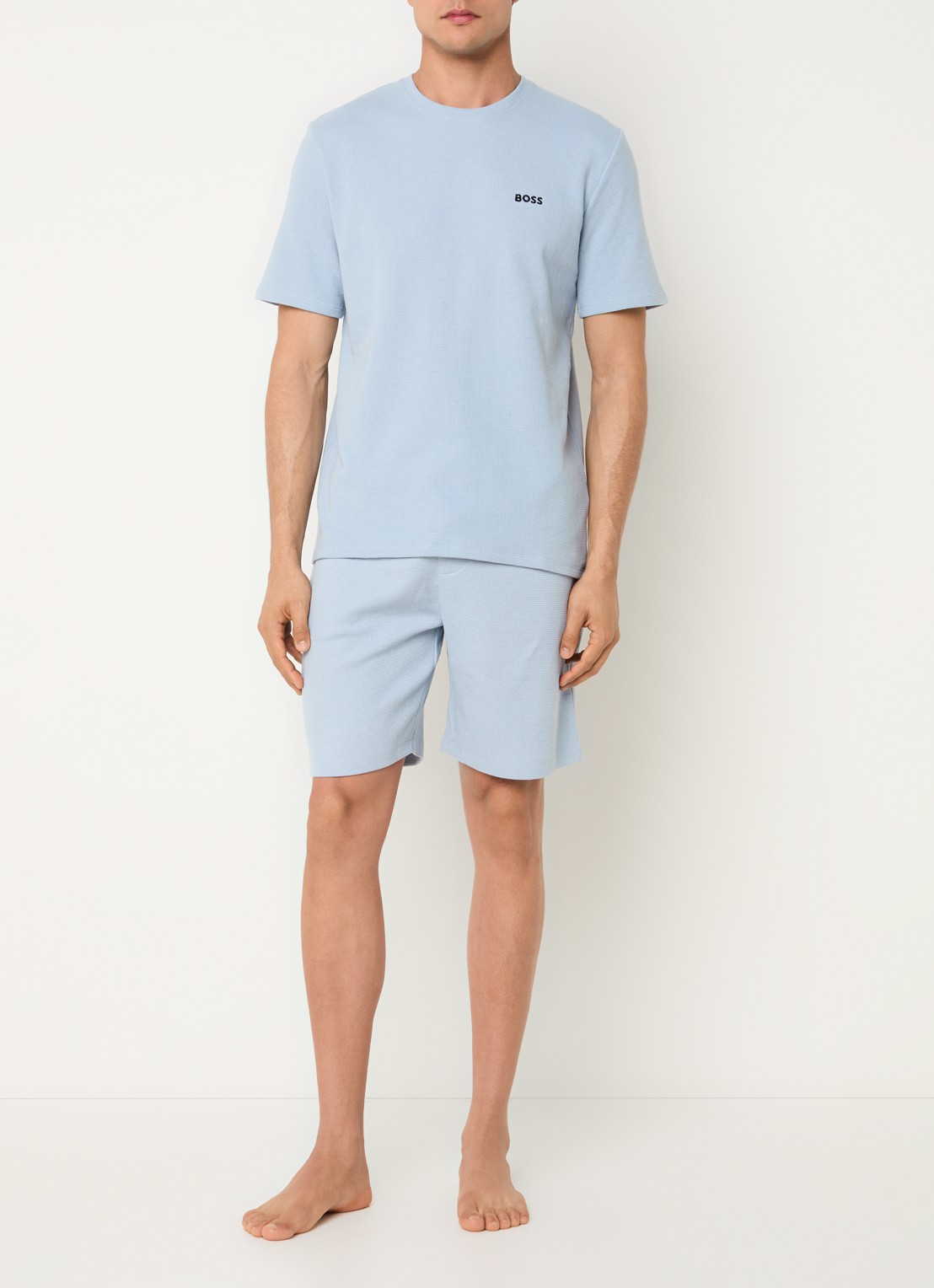 BOSS Pyjamashirt van een katoenmix met logostiksel - voorkant 4 open blue-483 / lichtblauw
