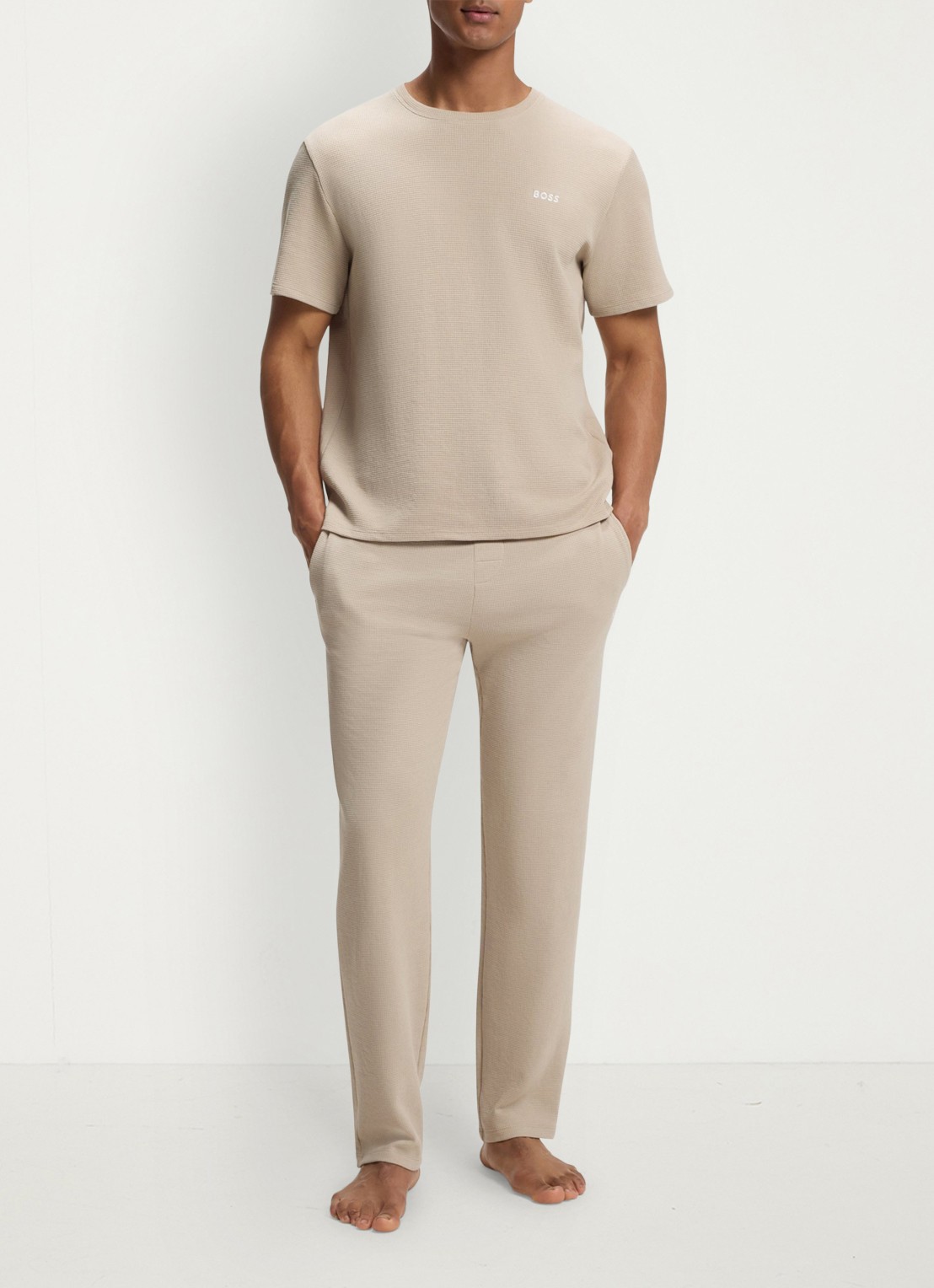 BOSS Pyjamashirt van een katoenmix met logostiksel - voorkant 2 beige