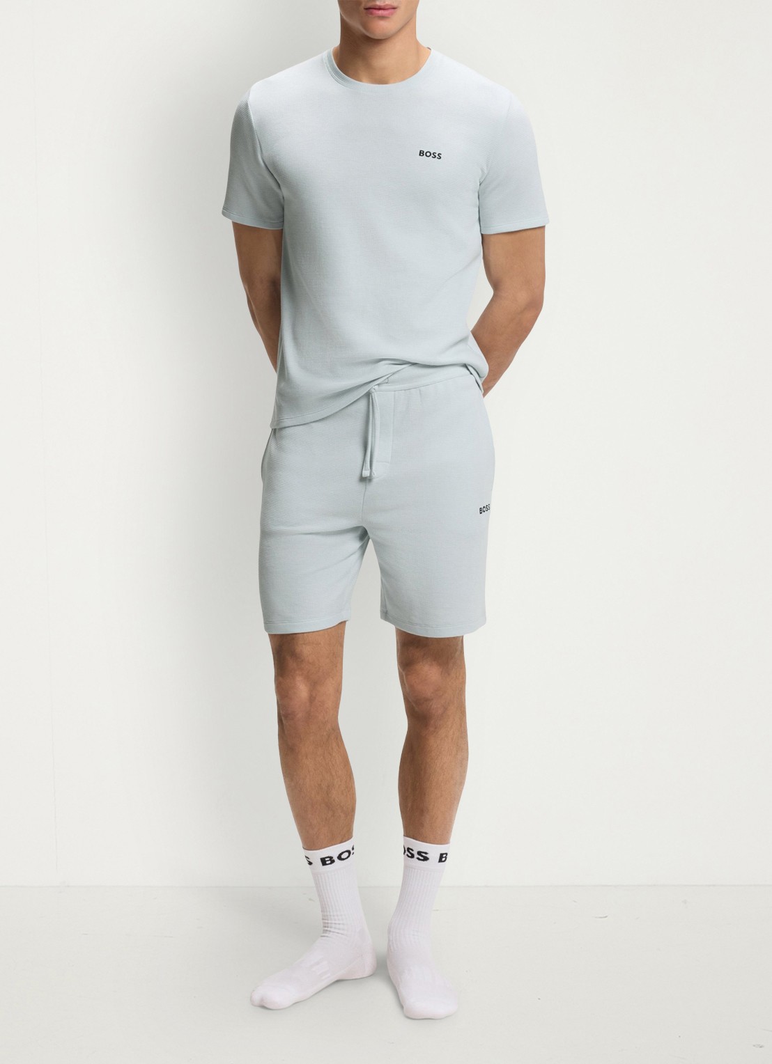 BOSS Pyjamashirt van een katoenmix met logostiksel - voorkant 3 open blue-499 / blauw