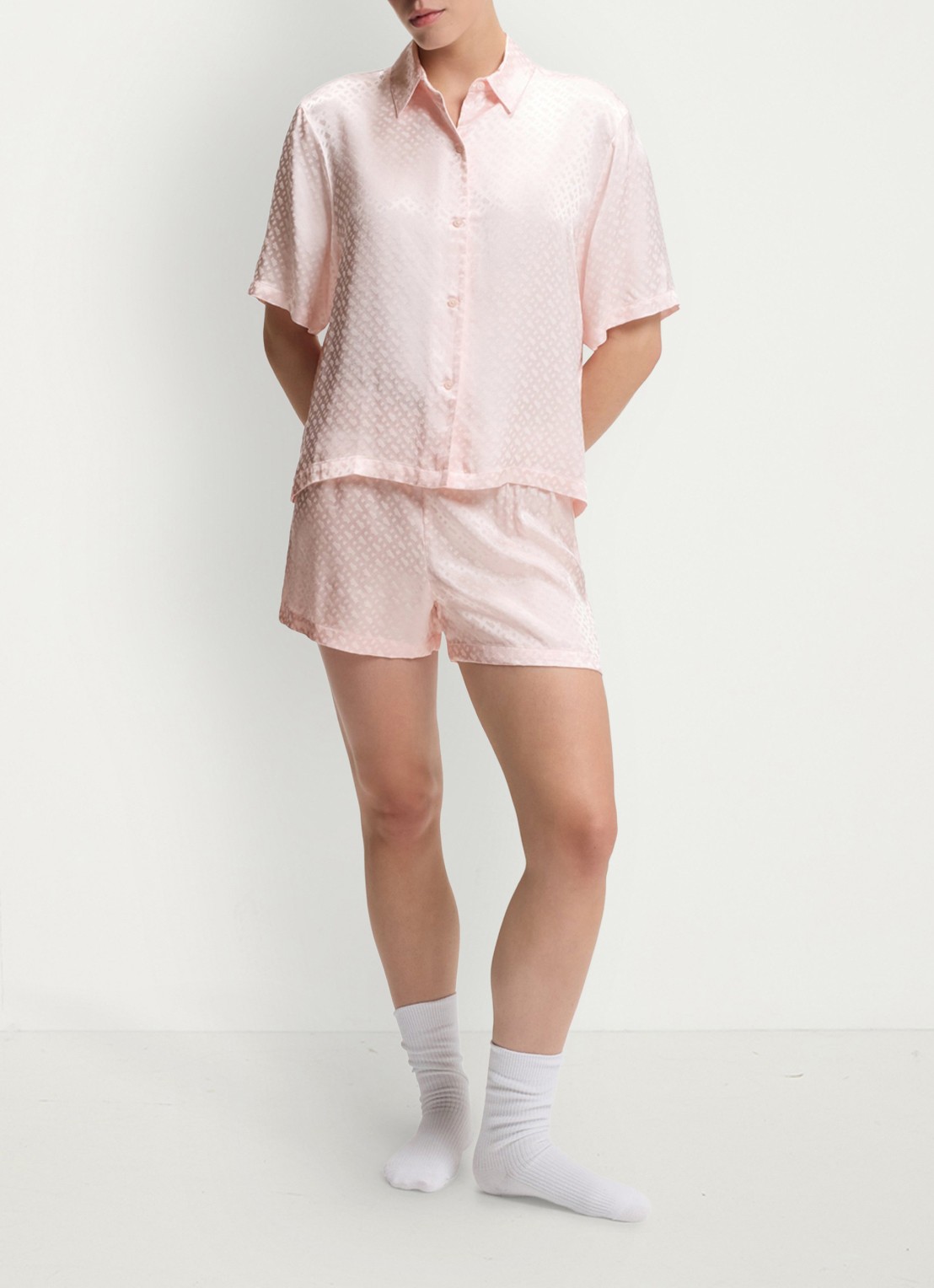 BOSS Pyjamashirt van satijn met monogramjacquard - detail lichtroze