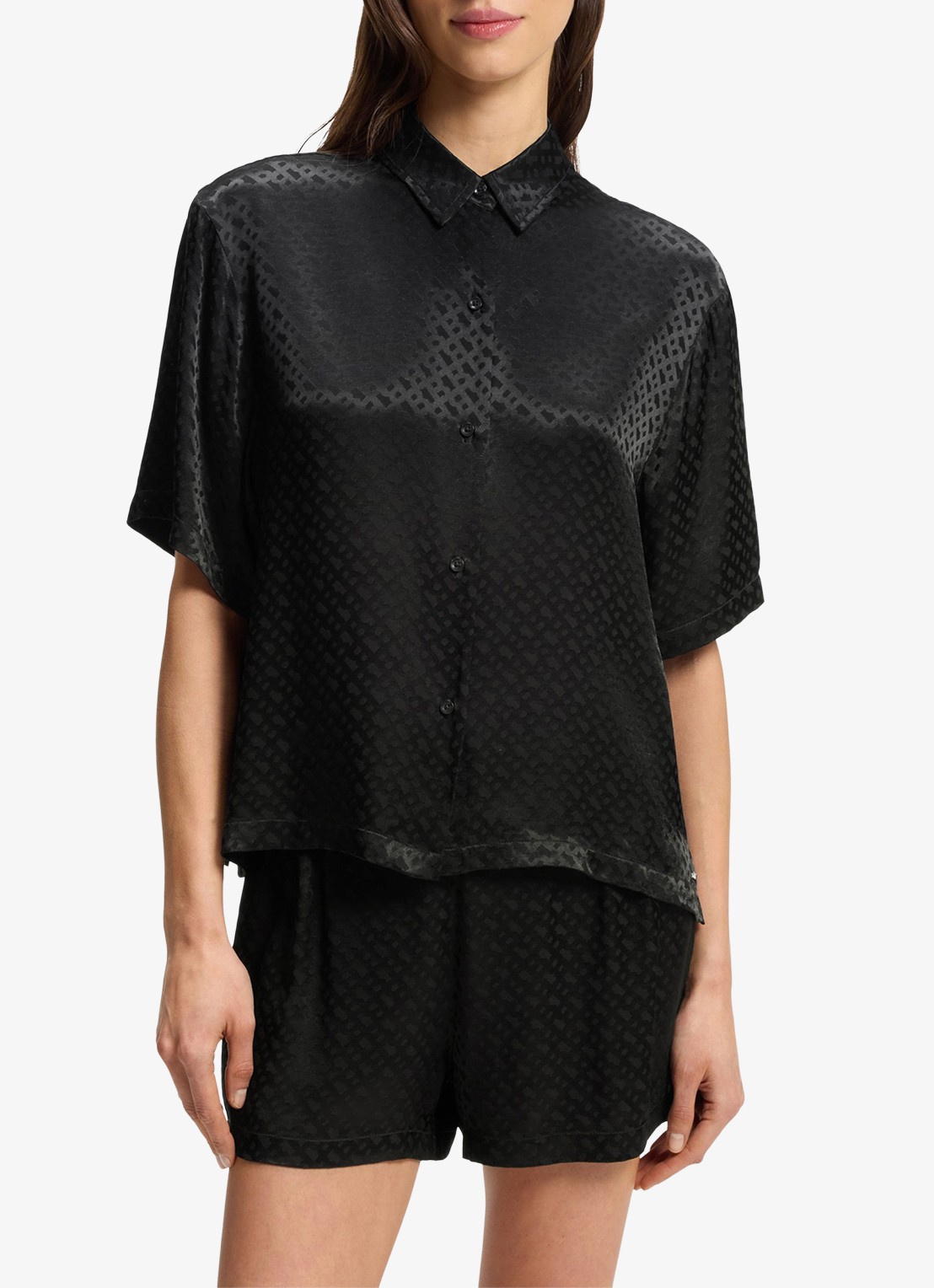 BOSS Pyjamashirt van satijn met monogramjacquard - detail 3 zwart