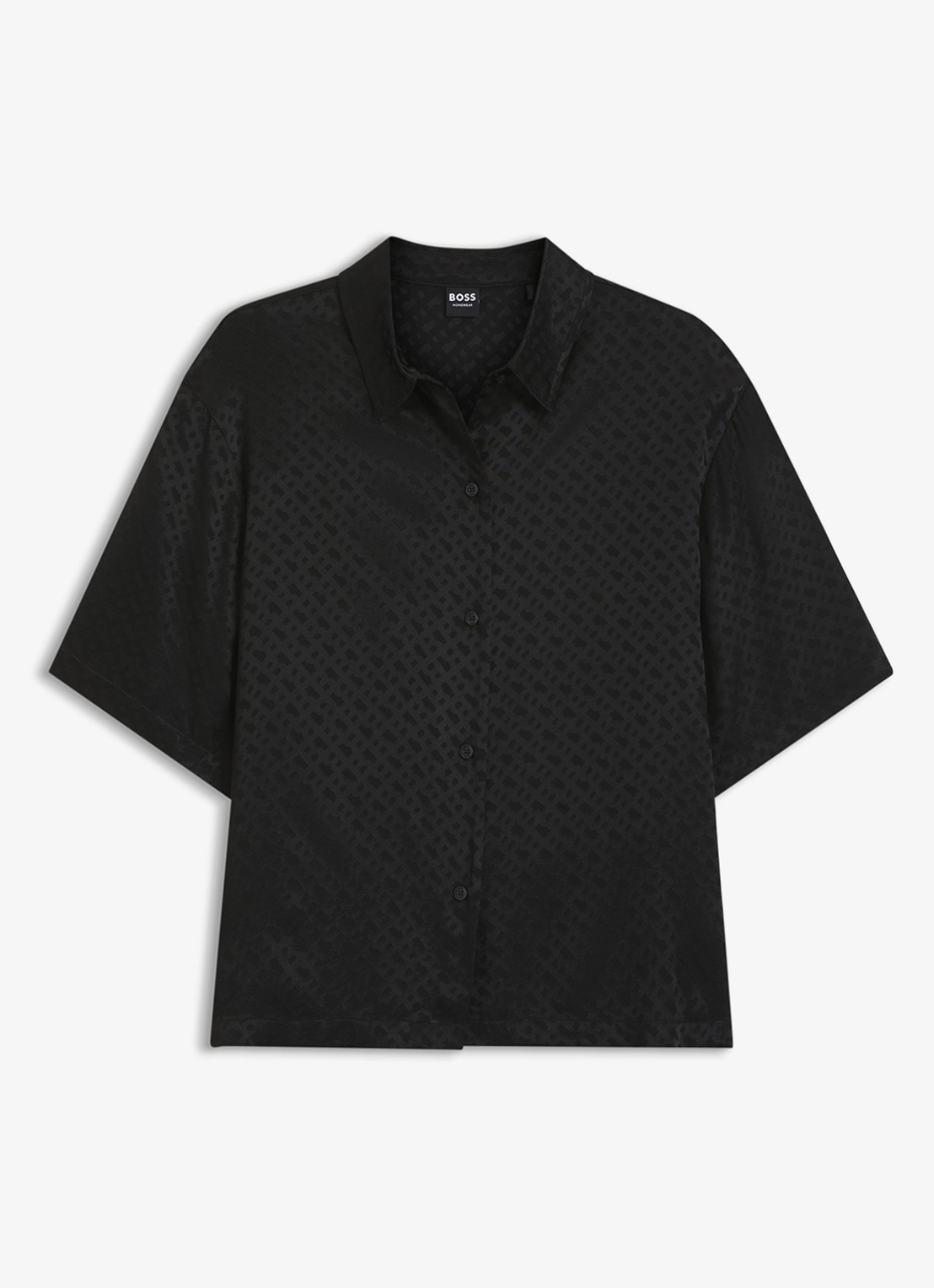 BOSS Pyjamashirt van satijn met monogramjacquard - voorkant zwart