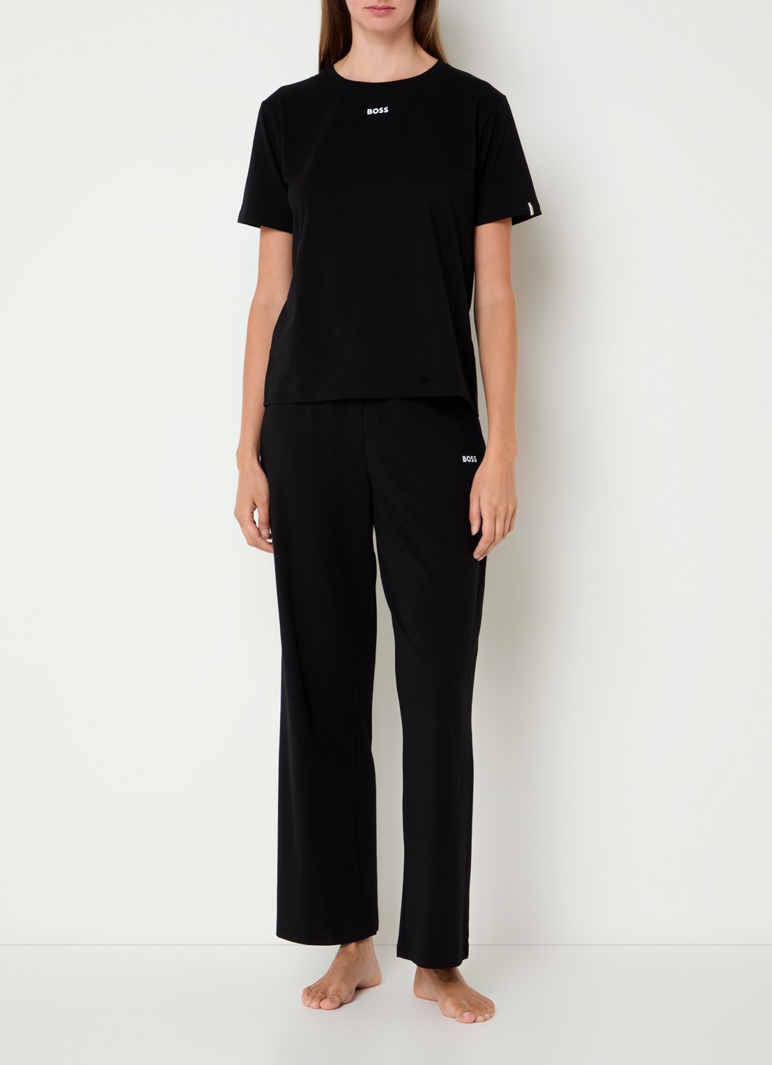 BOSS Pyjamashirt van stretchkatoen met logoprint - voorkant 2 black-001 / zwart