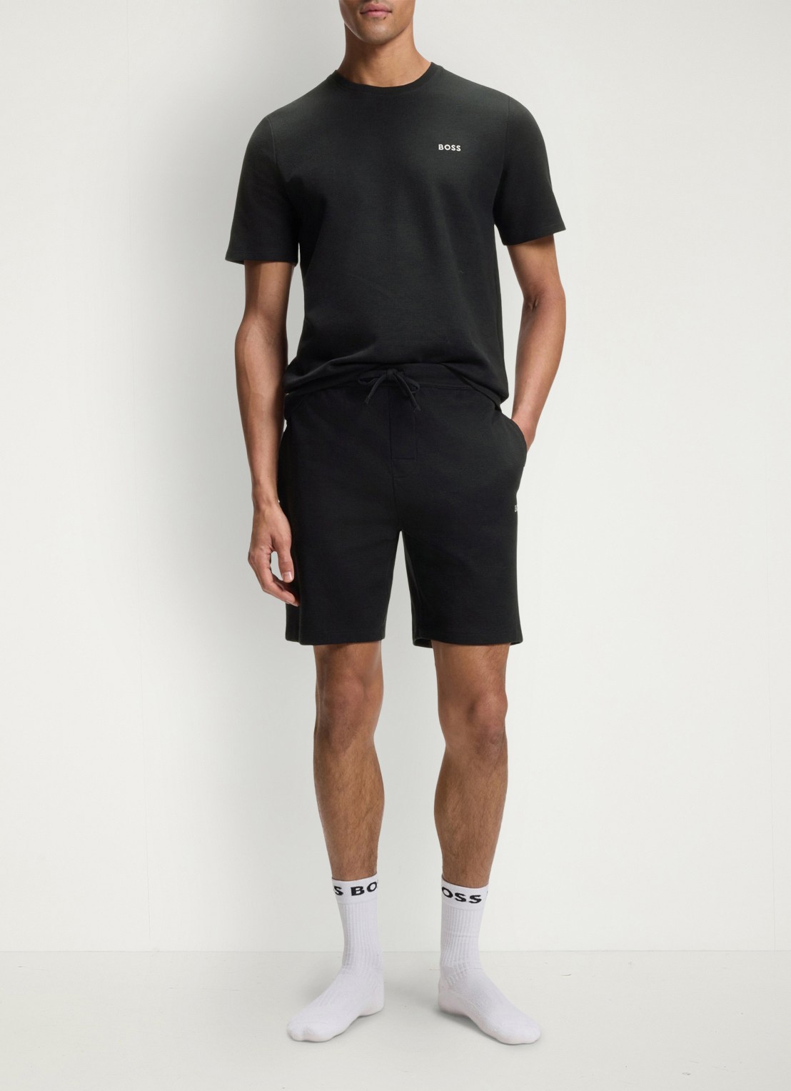 BOSS Pyjamashort van een katoenmix met logostiksel - voorkant 5 black-001 / zwart