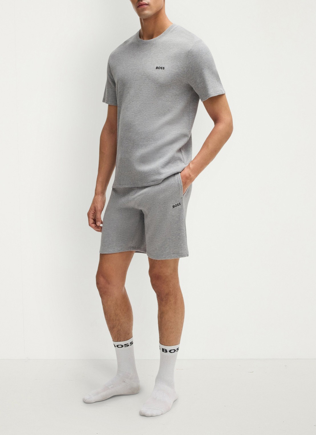 BOSS Pyjamashort van een katoenmix met logostiksel - voorkant 4 medium grey-033 / grijs