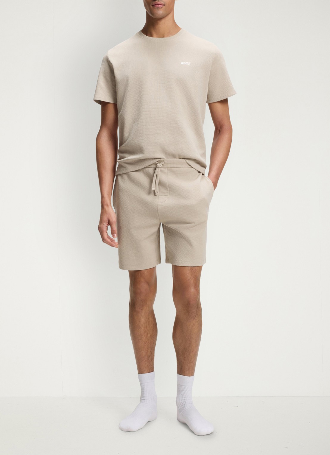 BOSS Pyjamashort van een katoenmix met logostiksel - voorkant 2 light beige-275 / beige