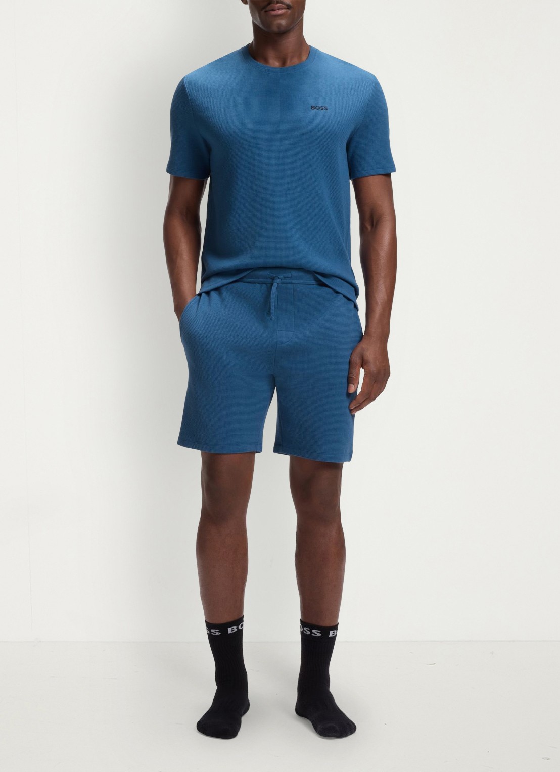 BOSS Pyjamashort van een katoenmix met logostiksel - voorkant 4 open blue-462 / blauw