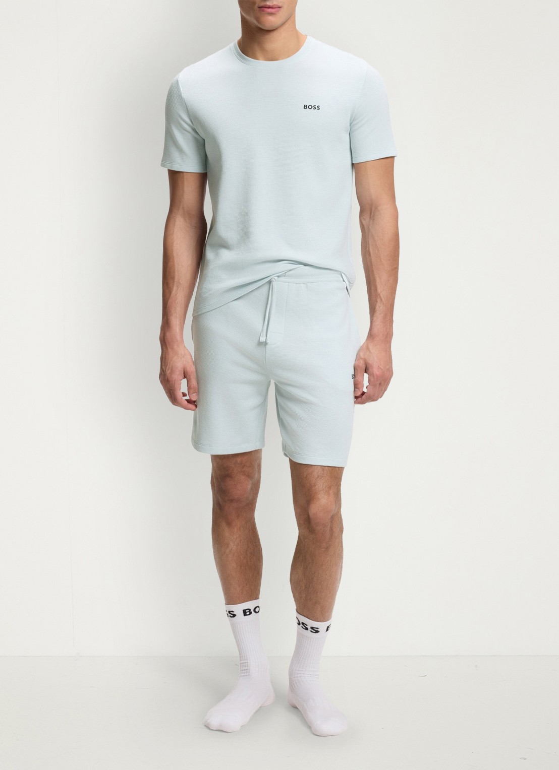 BOSS Pyjamashort van een katoenmix met logostiksel - voorkant 3 open blue-499 / blauw