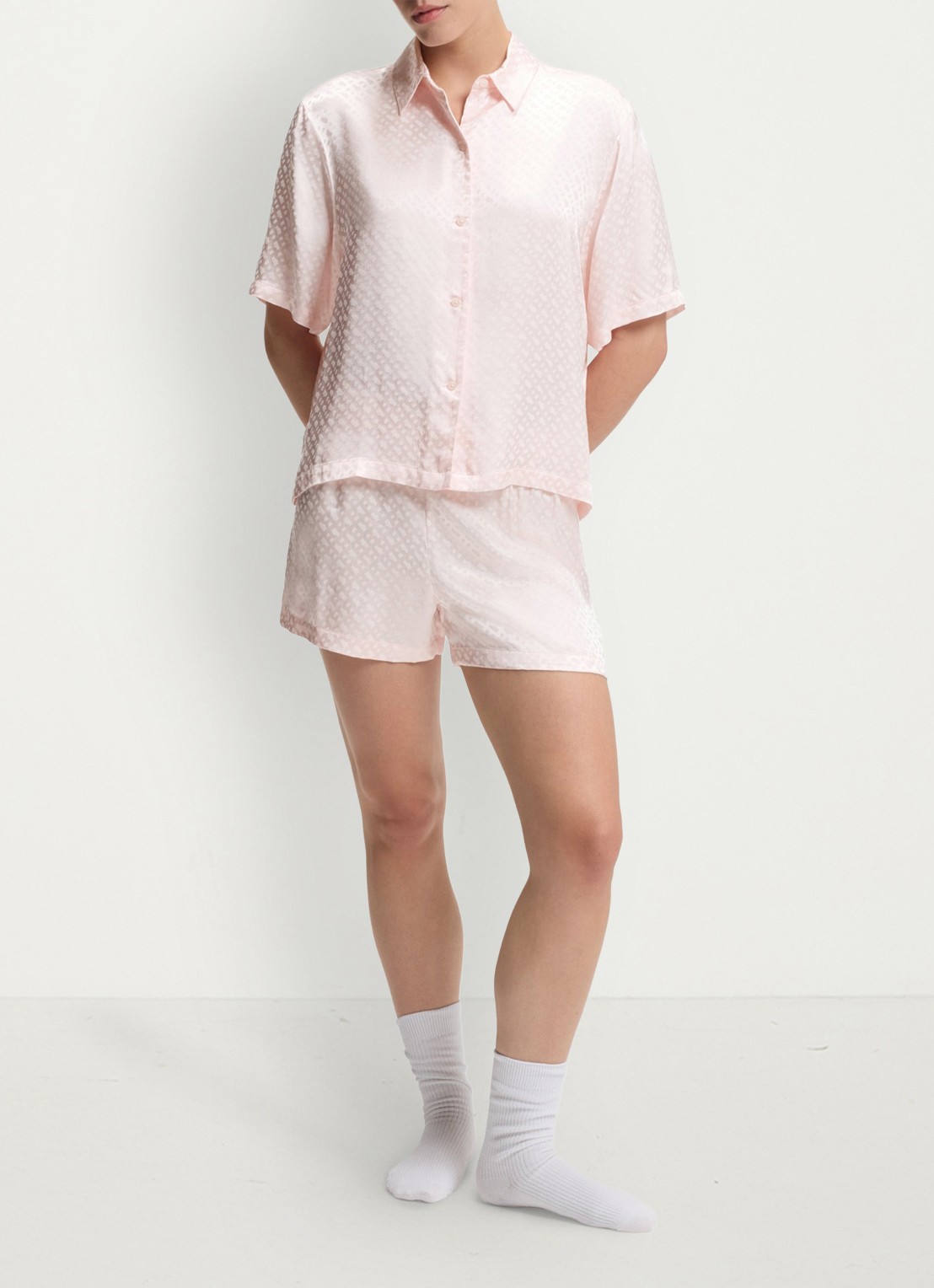 BOSS Pyjamashorts van satijn met monogramjacquard - voorkant 5 lichtroze