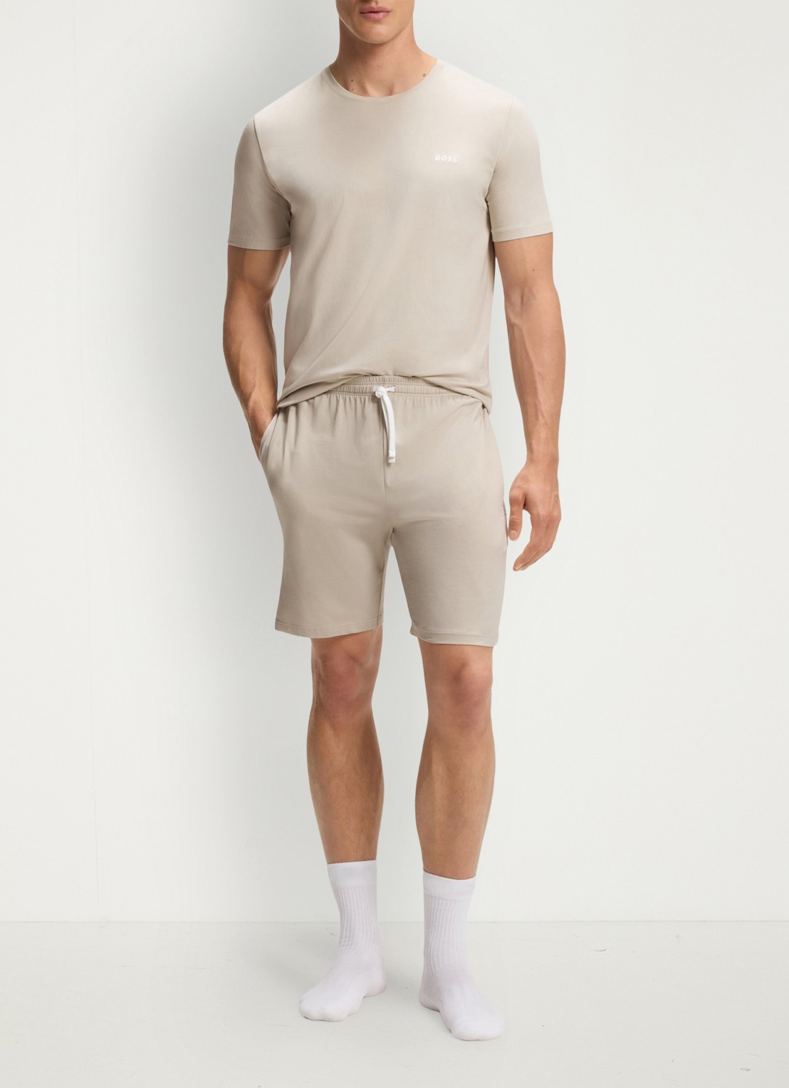 BOSS Pyjamatop met logo - voorkant 2 donkerbeige