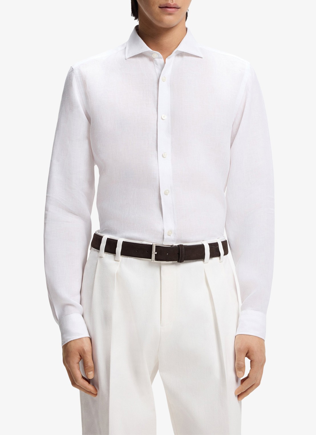 BOSS Regular fit overhemd in linnen met kent kraag - detail wit