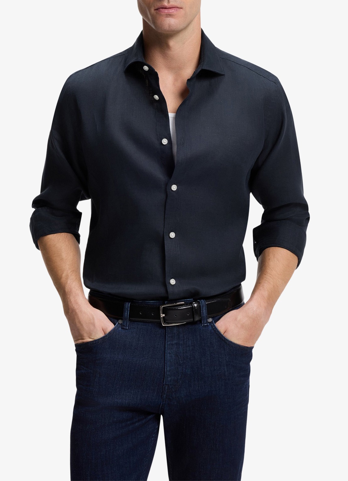 BOSS Regular fit overhemd in linnen met kent kraag - detail blauw