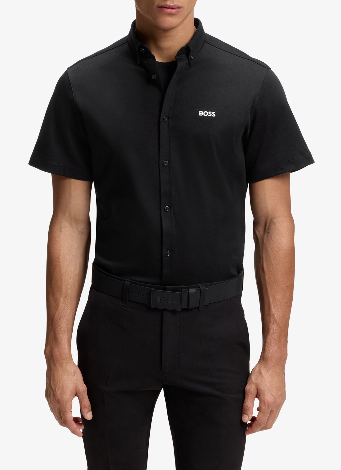 BOSS Regular-fit overhemd van kreukbestendige katoenen jersey - detail 2 black-002 / zwart