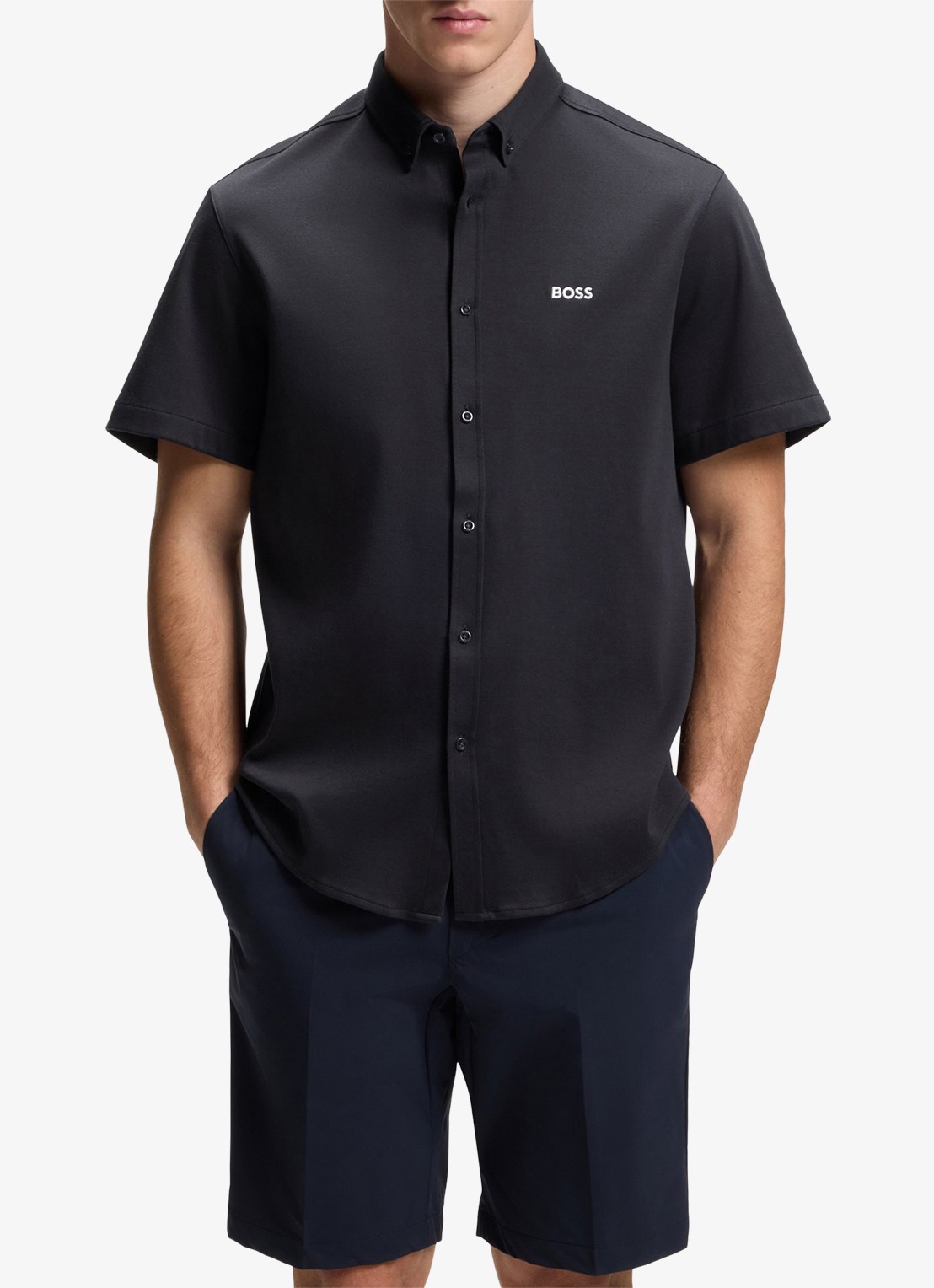 BOSS Regular-fit overhemd van kreukbestendige katoenen jersey - detail 4 dark blue-402 / blauw