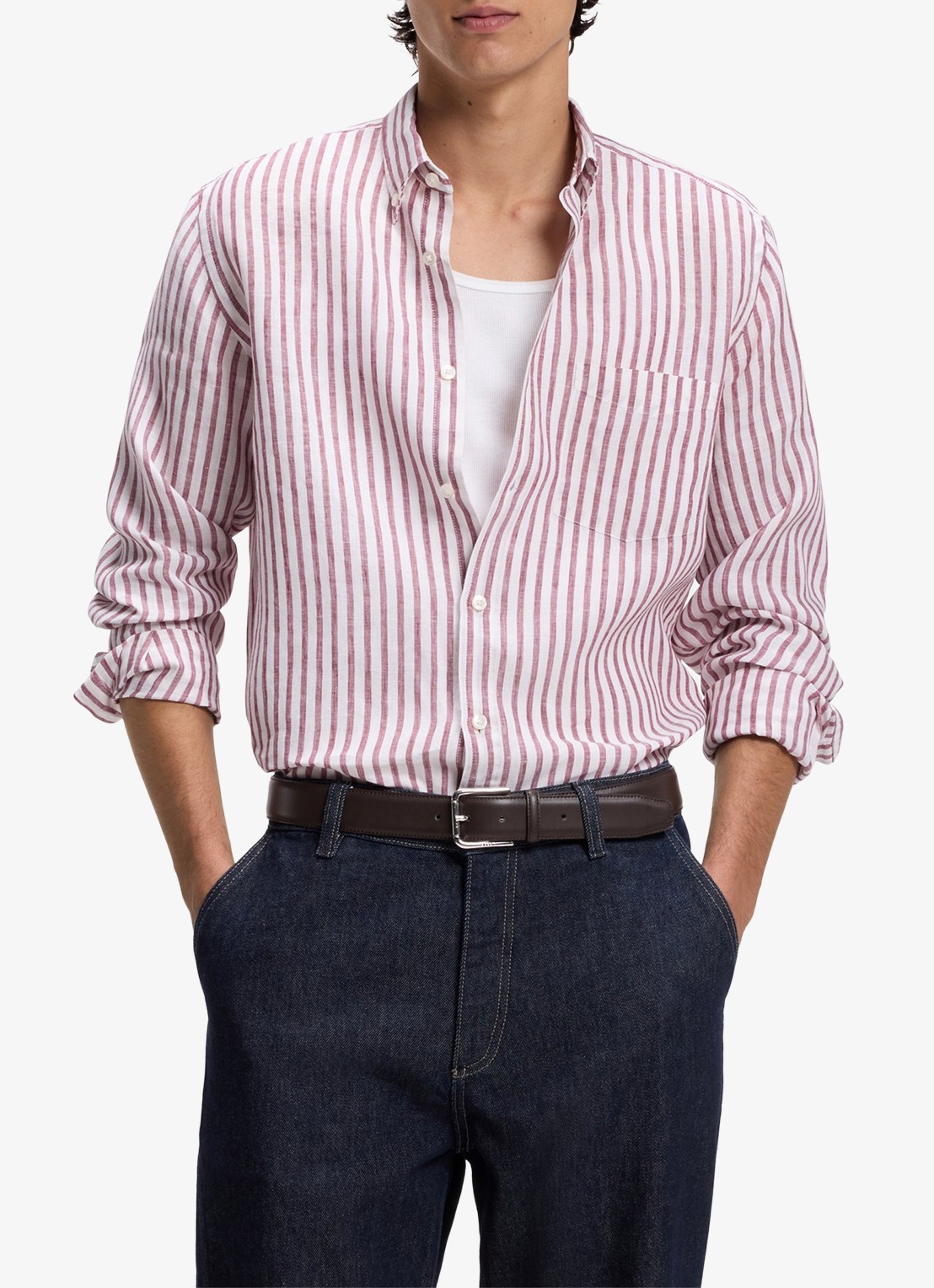 BOSS Regular fit overhemd van linnen met streepprint - detail rood