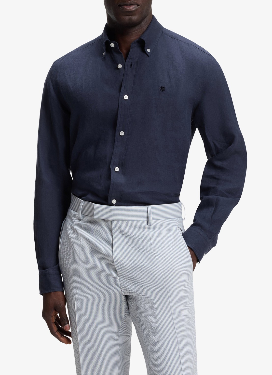 BOSS Regular fit overhemd van linnen - detail 4 blauw
