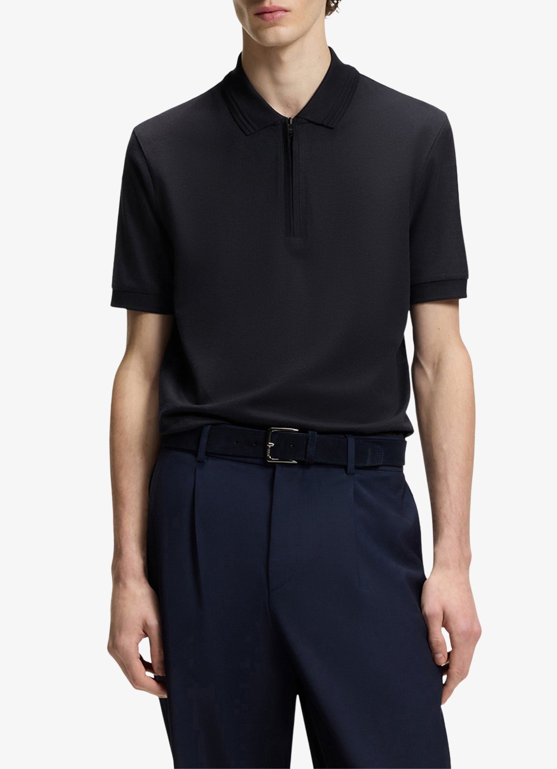 BOSS Regular fit polo met halve rits - detail donkerblauw