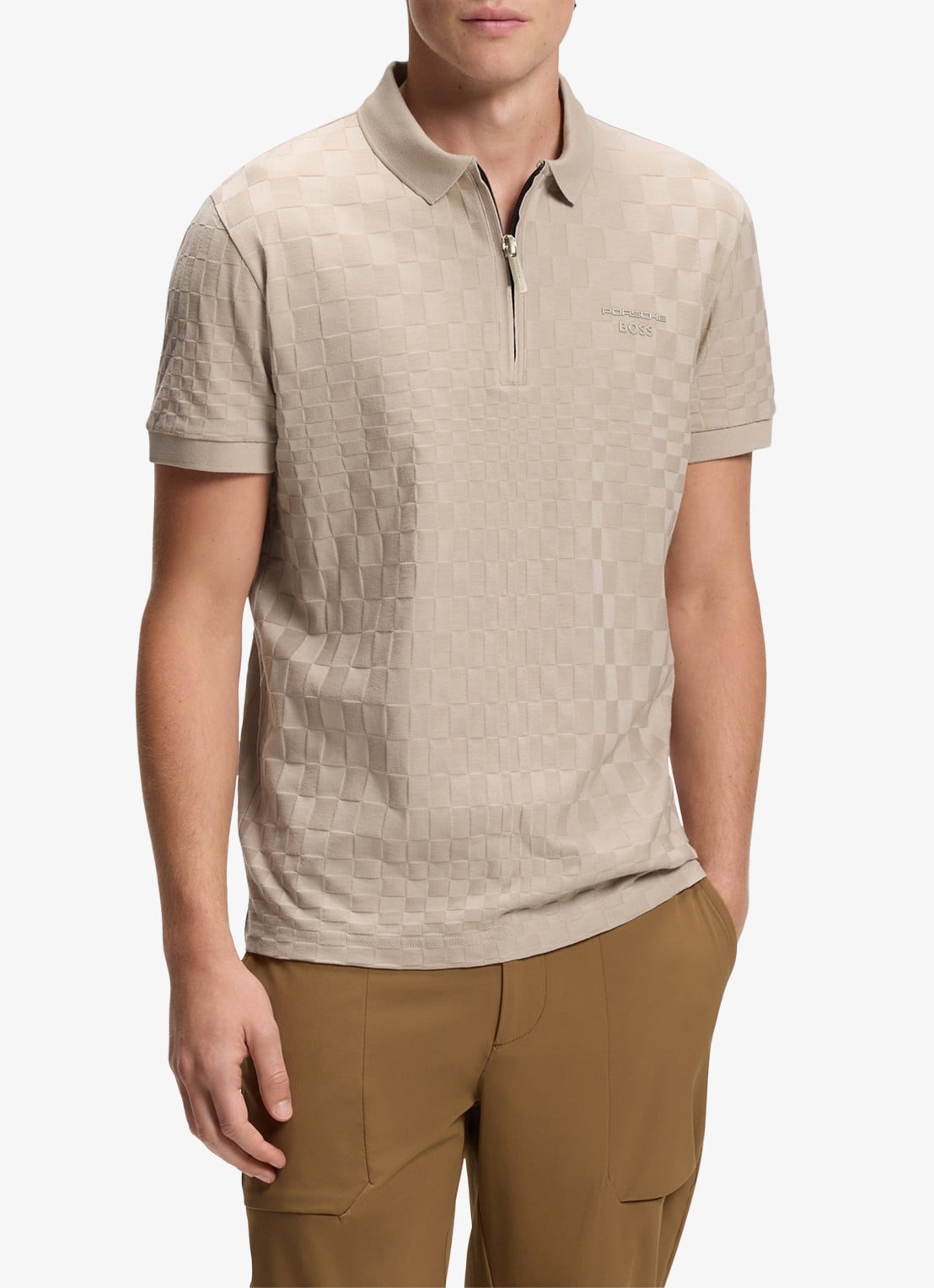 BOSS Regular fit polo met ingebreid patroon en halve rits - detail beige