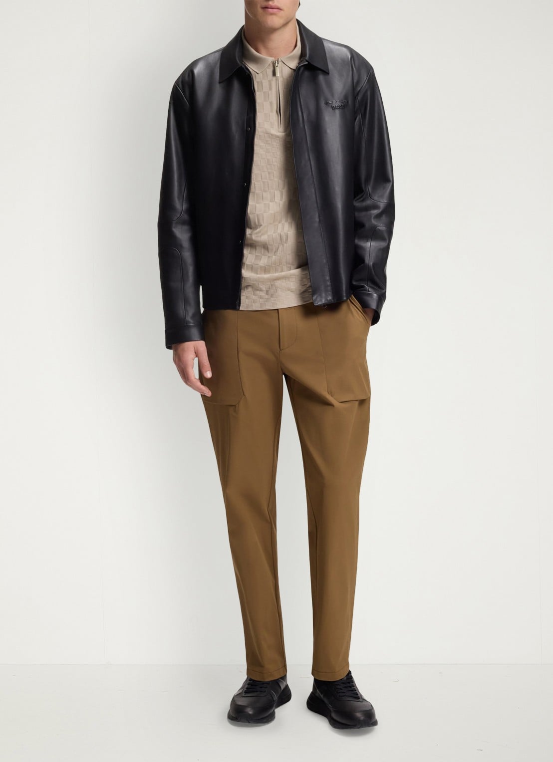 BOSS Regular fit polo met ingebreid patroon en halve rits - voorkant 4 beige