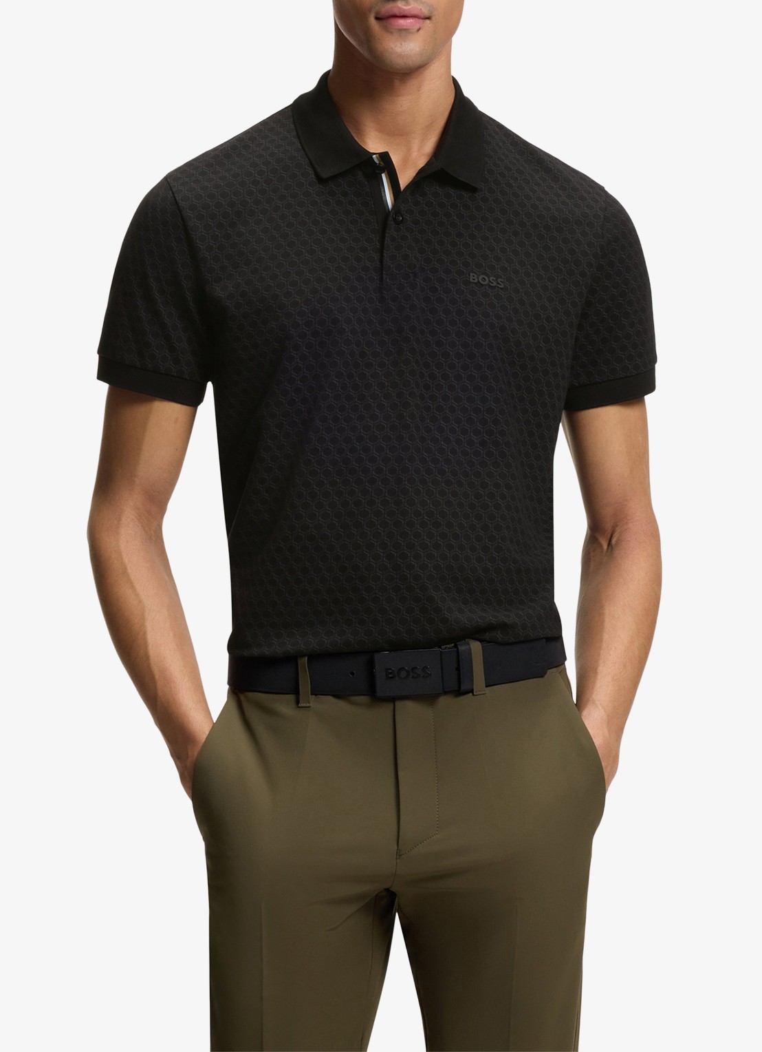 BOSS Regular fit polo met structuur  - detail zwart