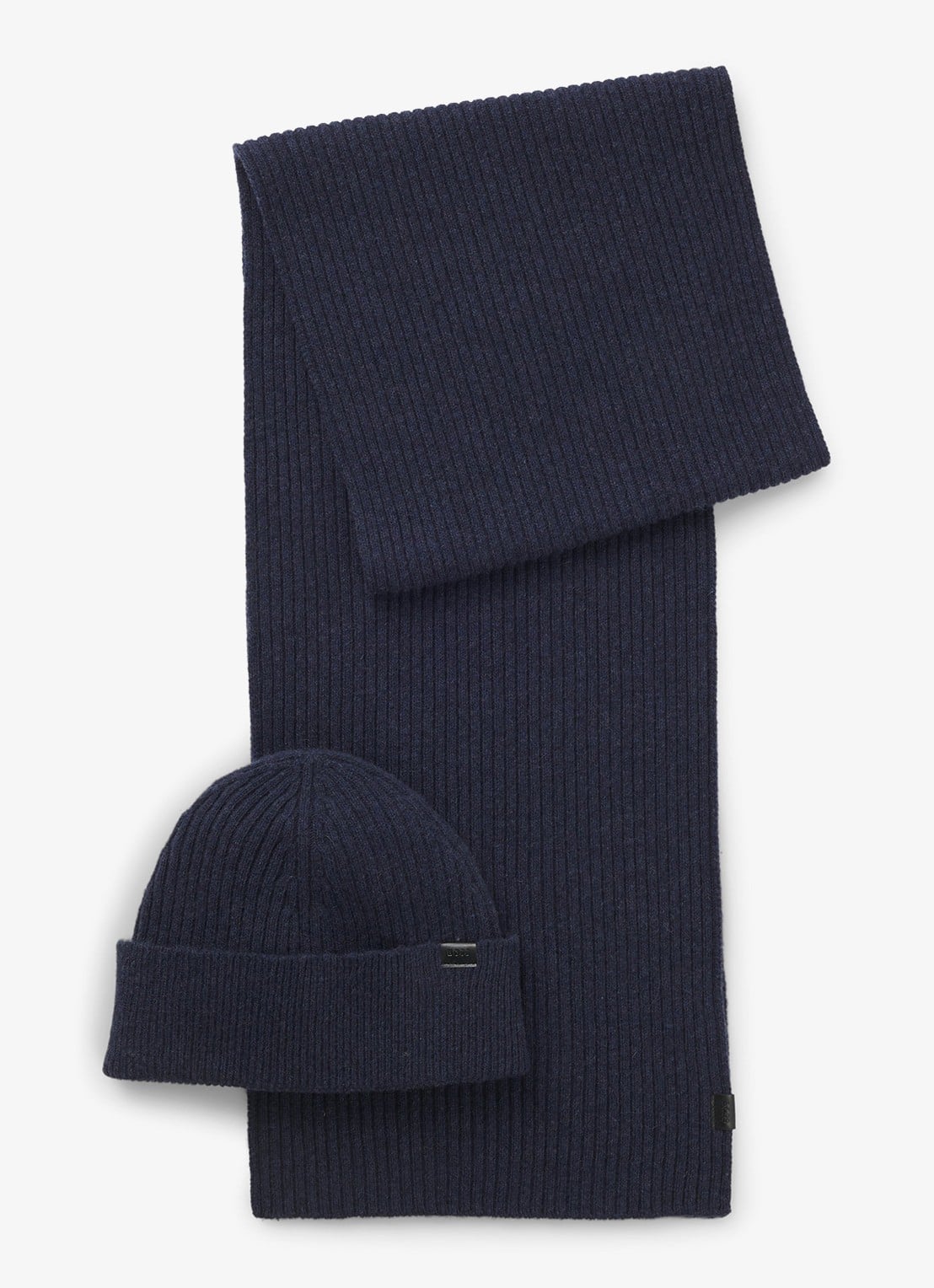BOSS Ribgebreide muts en sjaal 180 x 30 cm met logo - voorkant 2 donkerblauw