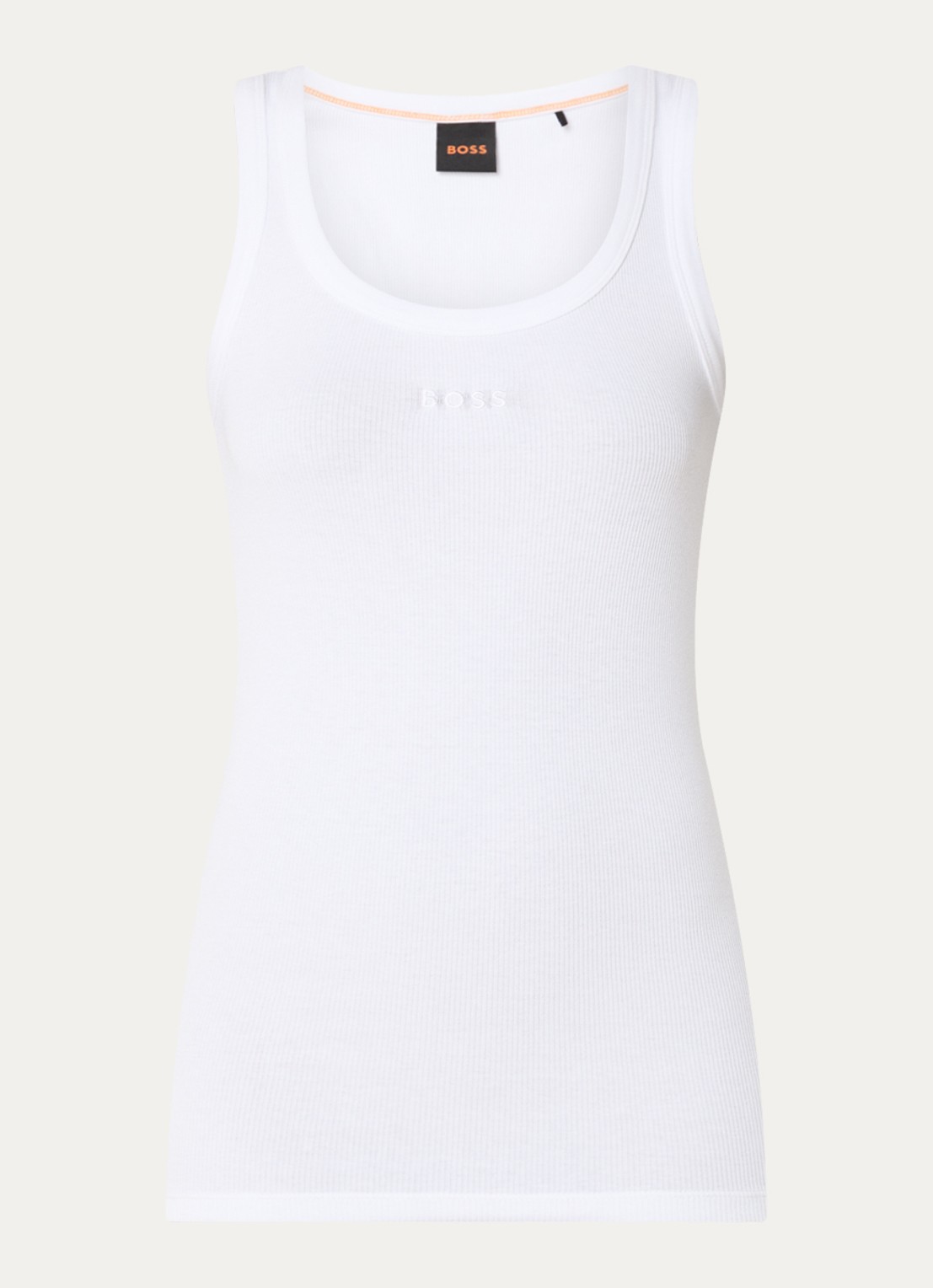 BOSS Ribgebreide tanktop met logoborduring - voorkant wit