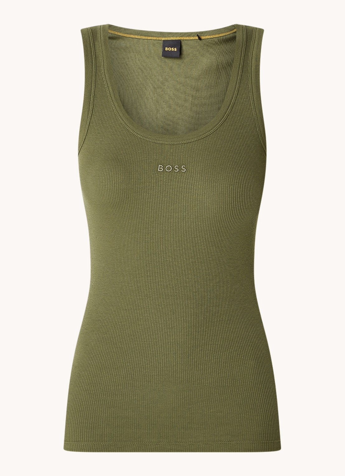 BOSS Ribgebreide tanktop met logoborduring - voorkant 3 olijfgroen