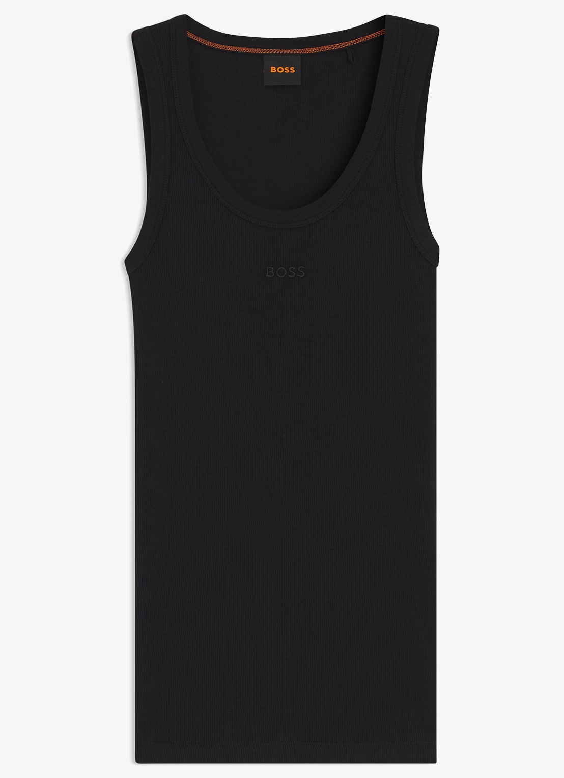 BOSS Ribgebreide tanktop met logoborduring - voorkant zwart