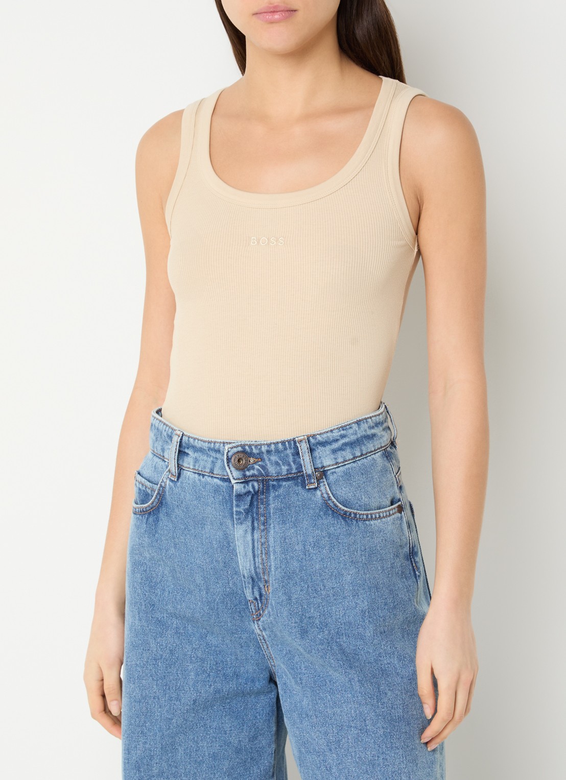 BOSS Ribgebreide tanktop met logoborduring - detail beige