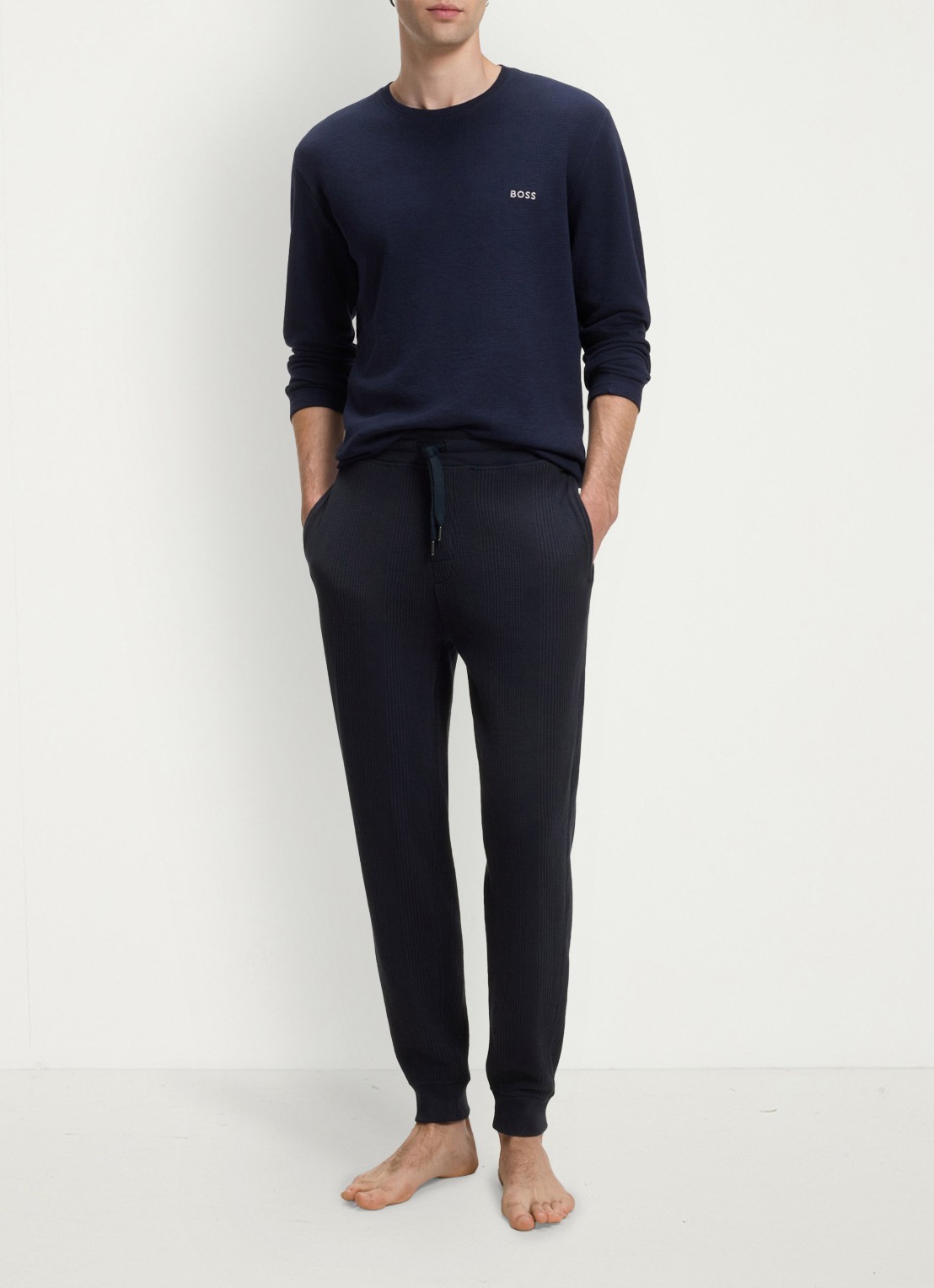 BOSS Ribgebreide tapered fit joggingbroek - voorkant 3 blauw