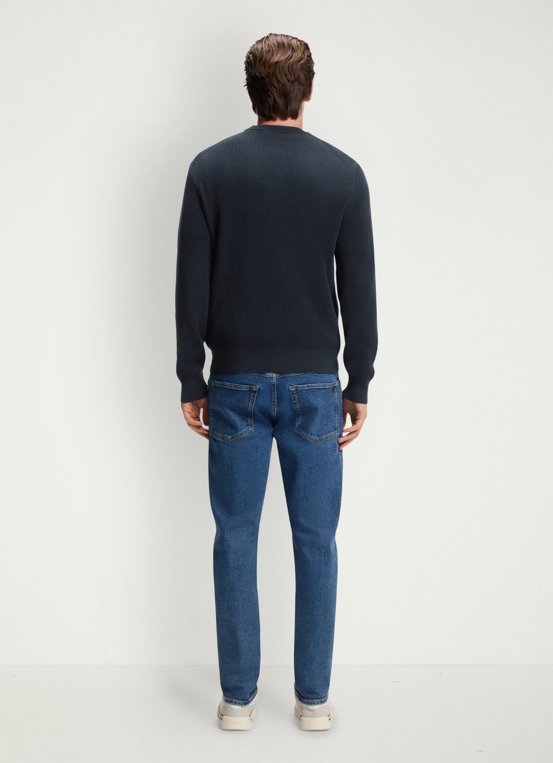 BOSS Ribgebreide trui met structuur - achterkant blauw